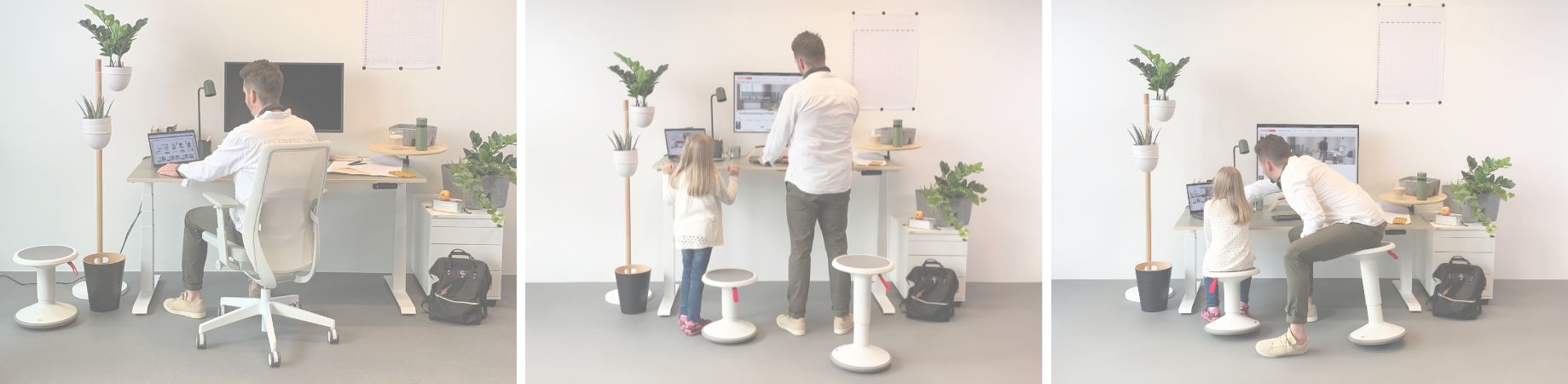 Ein Erwachsener und ein Kind sitzen an einem Arbeitsplatz mit einem Computer, umgeben von Pflanzen und modernen Möbeln.
