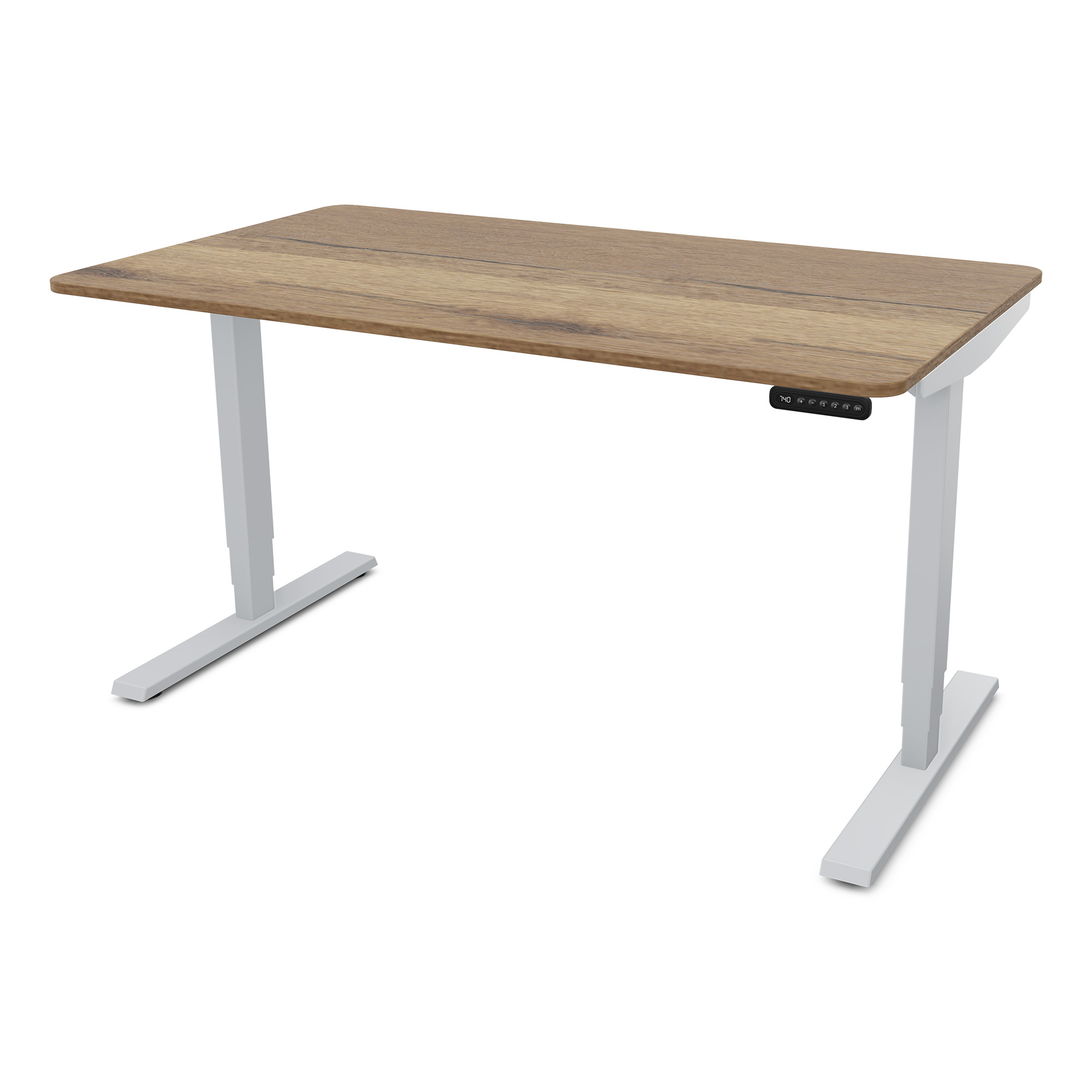 Elektrisch höhenverstellbarer Schreibtisch Y-Line Curved Ein moderner Schreibtisch mit einer Holzoberfläche und weißen Metallbeinen.