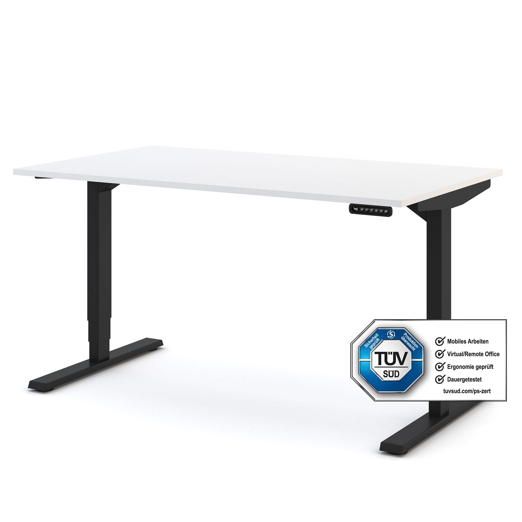 Höhenverstellbarer Schreibtisch mit TÜV-Siegel, schwarzem Gestell und weißer Tischplatte.