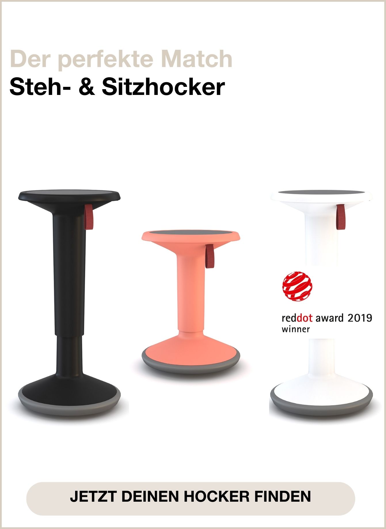 Werbegrafik mit drei Hockern in Schwarz, Coral und Weiß, Text: 'Der perfekte Match – Steh- & Sitzhocker'
