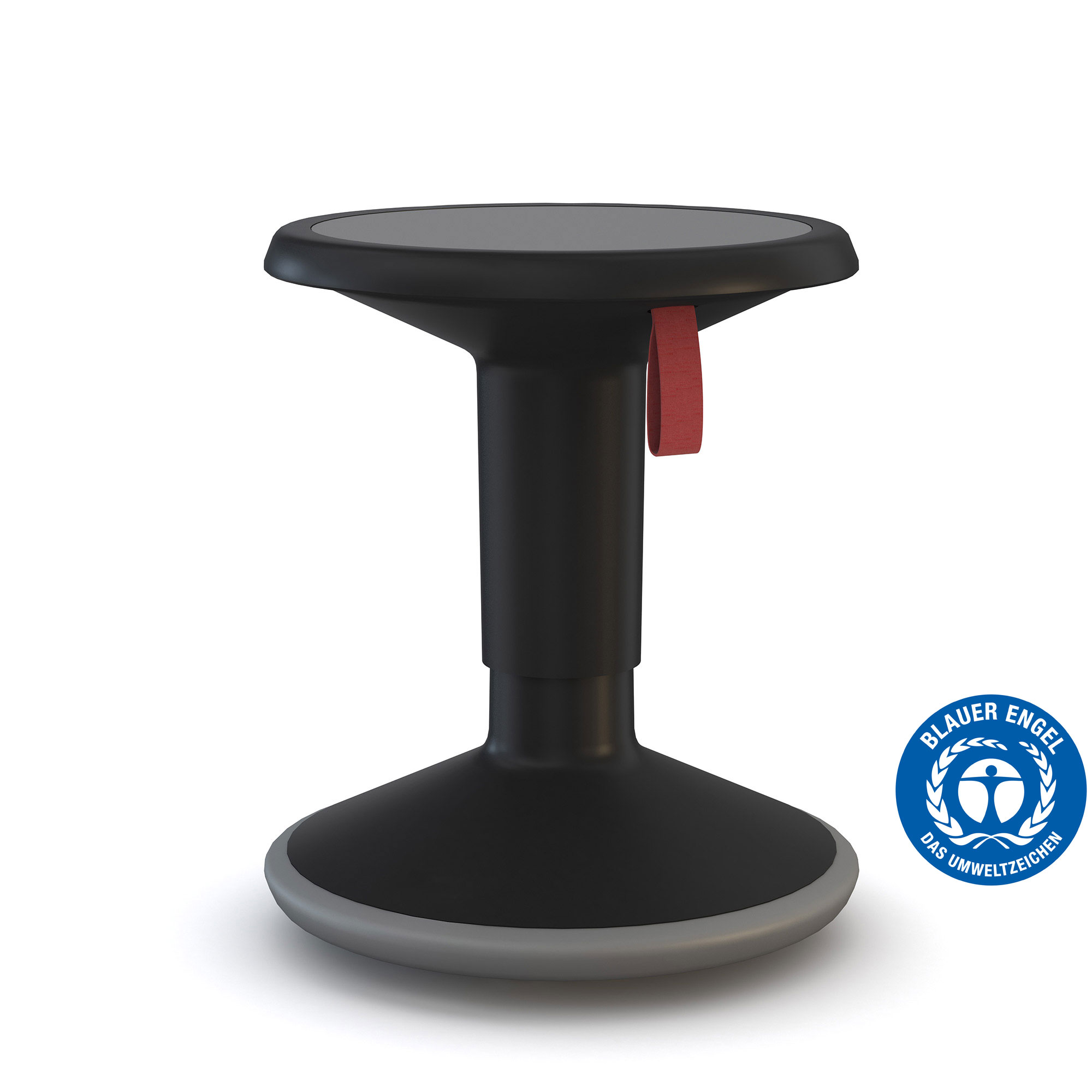 Schwarzer Hocker mit rundem Sitz und rotem Griff, ausgezeichnet mit dem Umweltzeichen Blauer Engel
