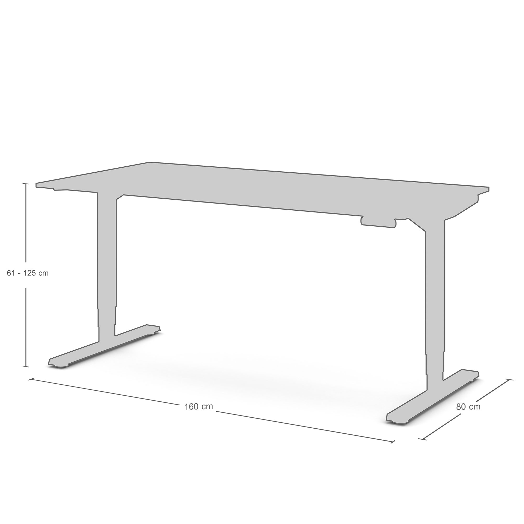 Ein Schreibtisch mit den Abmessungen 160 cm x 80 cm und einer Höhenverstellung von 61 cm bis 125 cm.