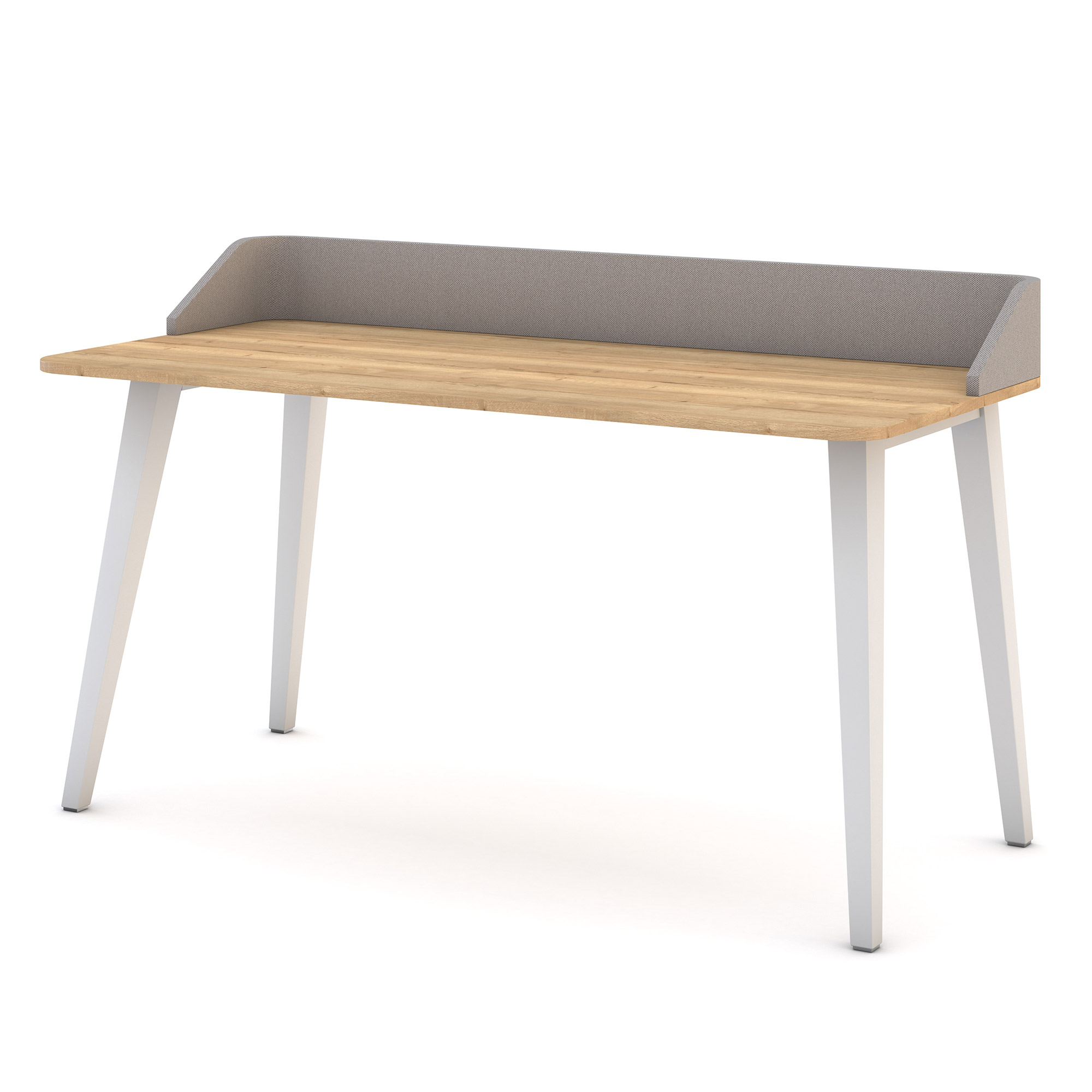 Sekretär Retaro Ein moderner Schreibtisch mit einer Holzplatte und weißen Beinen, versehen mit einer grauen Rückwand.