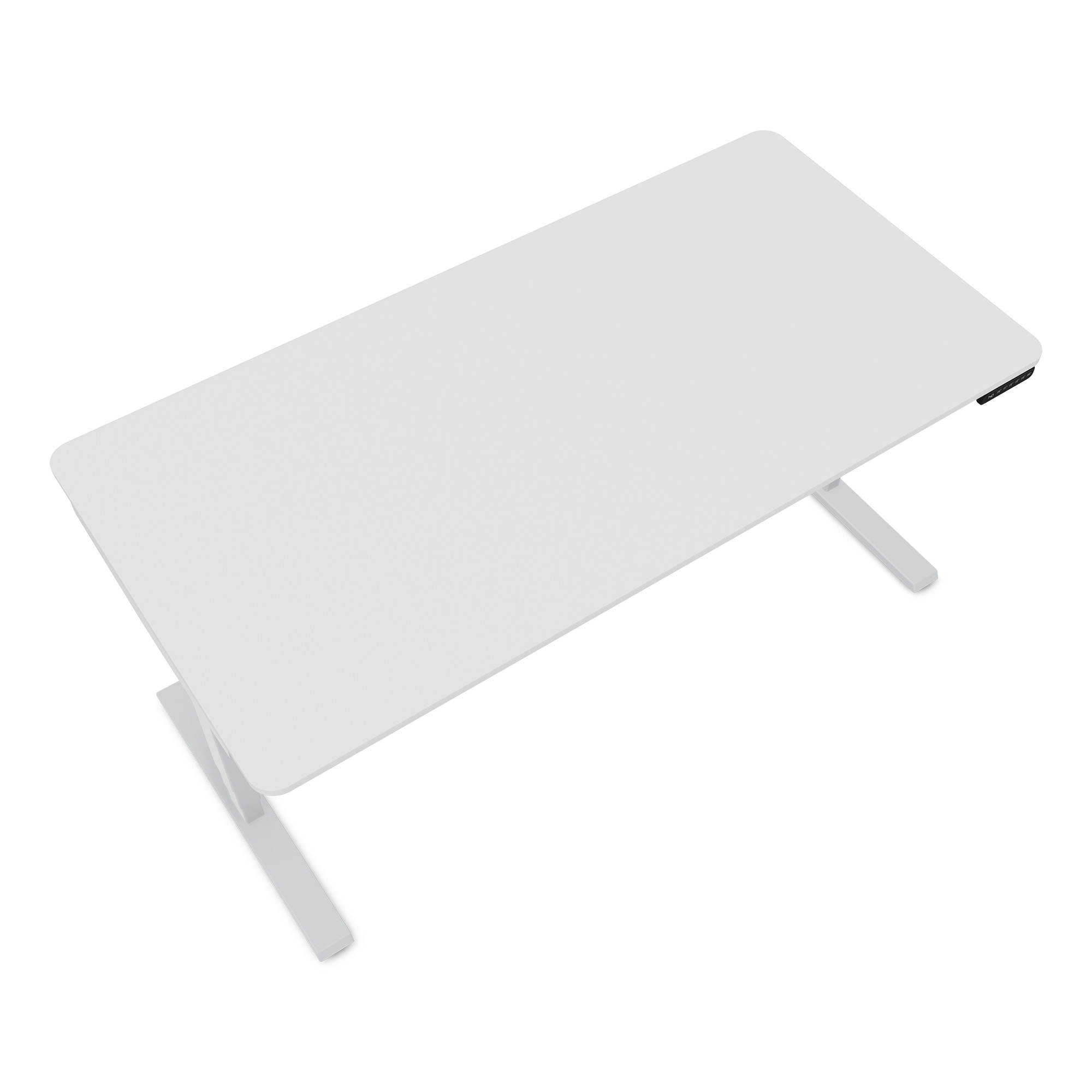 Ein höhenverstellbarer Schreibtisch in Weiß.