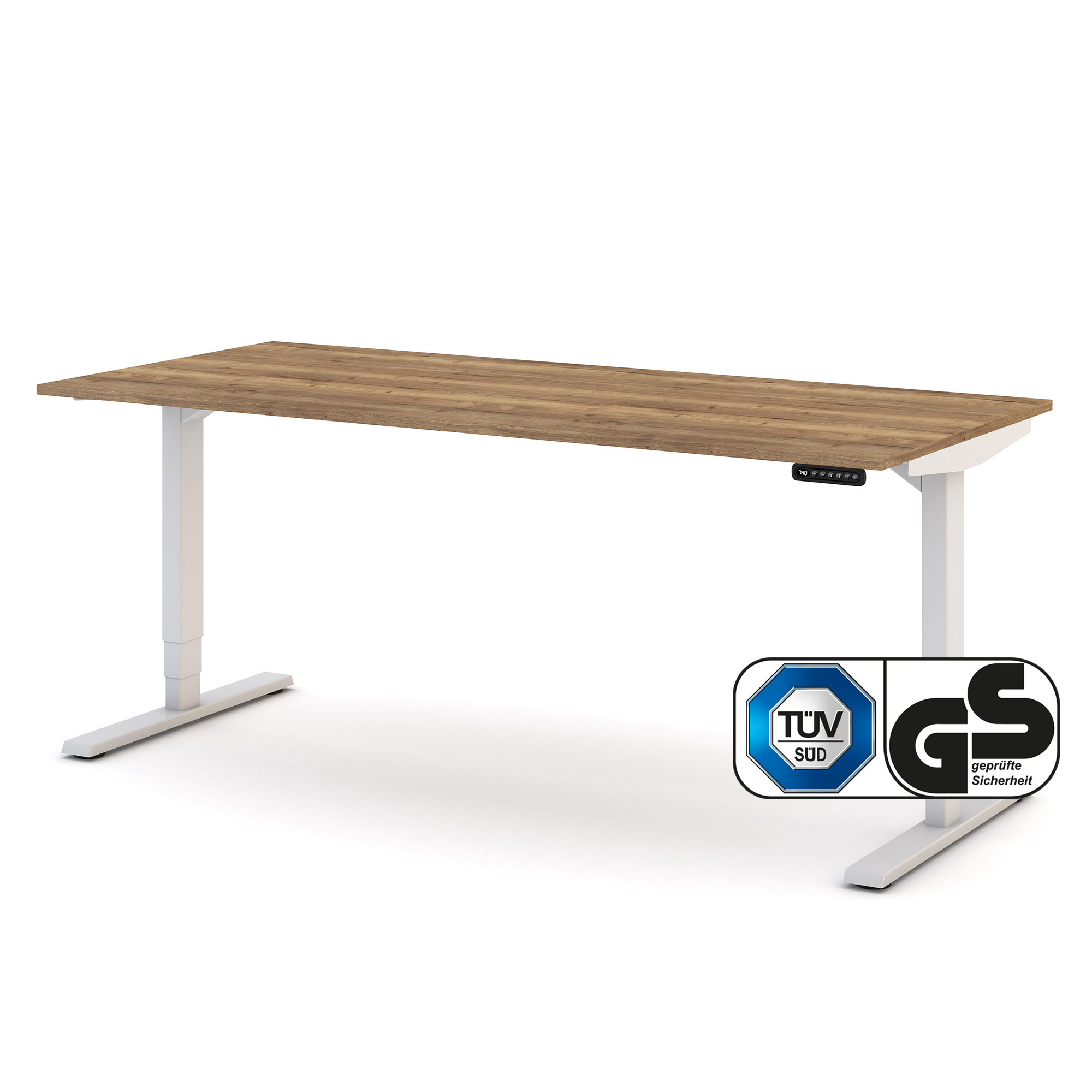Elektrisch höhenverstellbarer Schreibtisch Y-Line Höhenverstellbarer Schreibtisch mit Holzplatte, weißem Gestell und TÜV- sowie GS-Siegel.