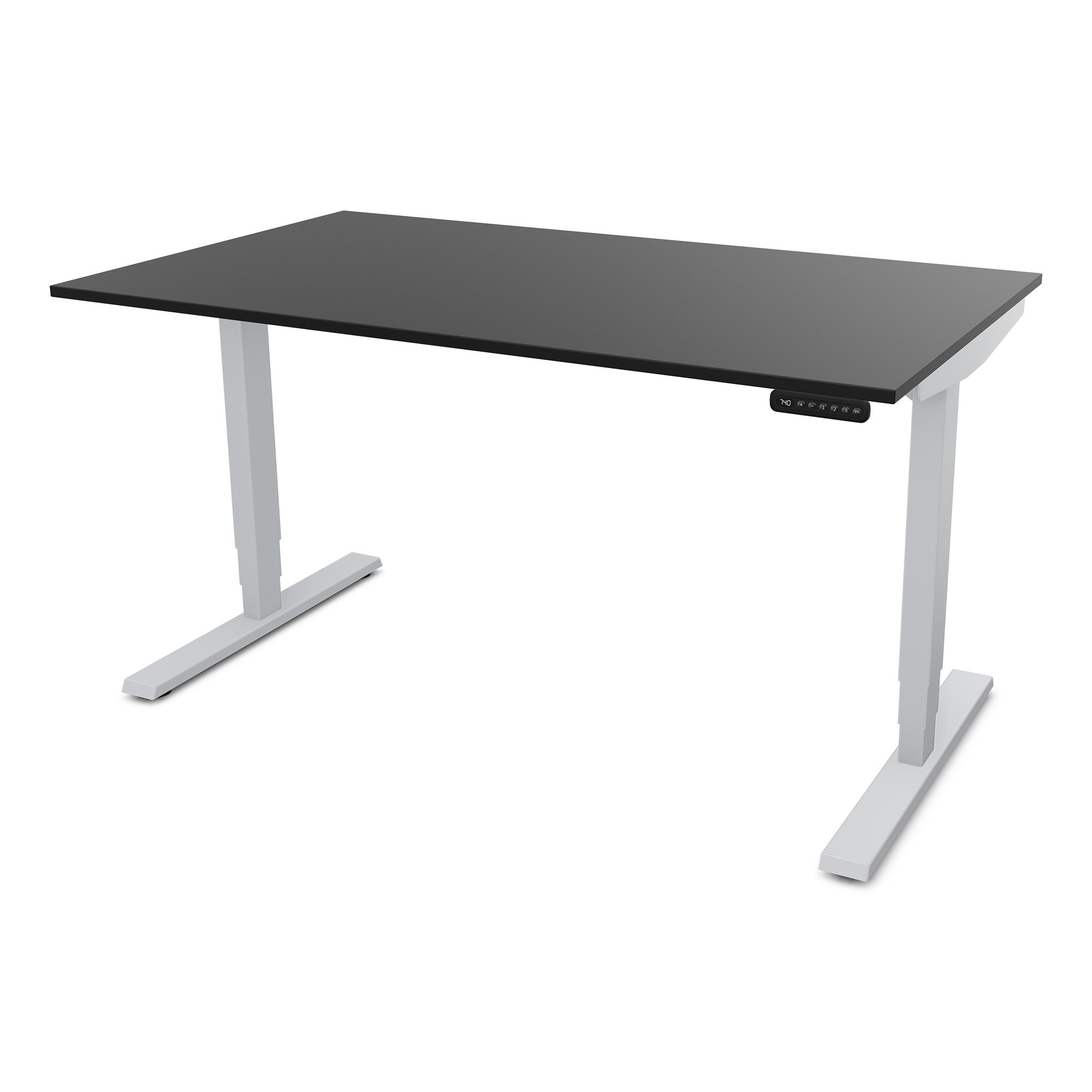 Elektrisch höhenverstellbarer Schreibtisch Y-Line Schreibtisch mit schwarzer Oberfläche und weißen Beinen.