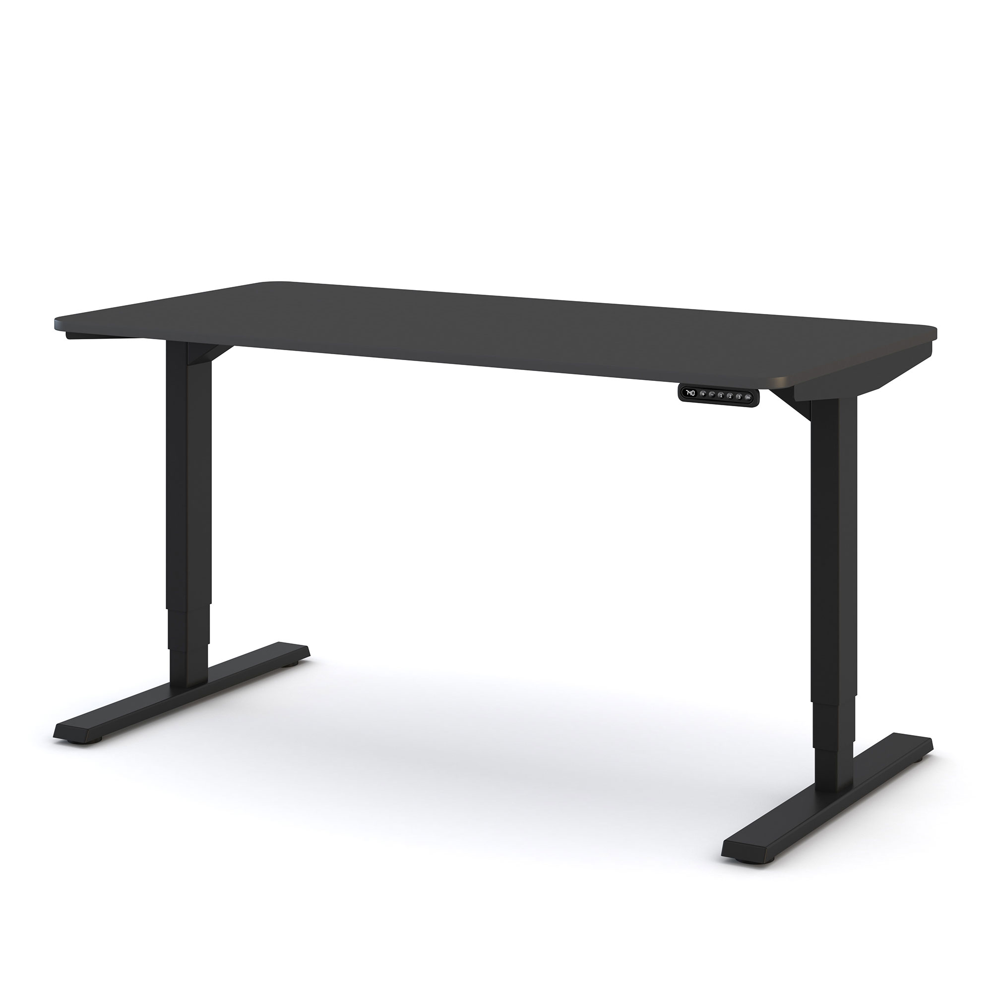 Ein schwarzer Schreibtisch mit rechteckiger Oberfläche und verstellbaren Beinen.