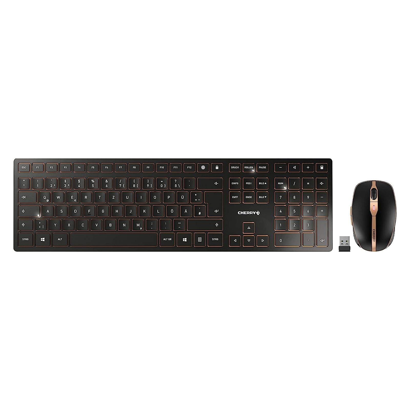 Tastatur-Maus-Set Cherry Desktop DW 9100 SLIM kabellos FR-Layout Eine kabellose Tastatur und Maus von Cherry, schwarz mit kupferfarbenen Akzenten.