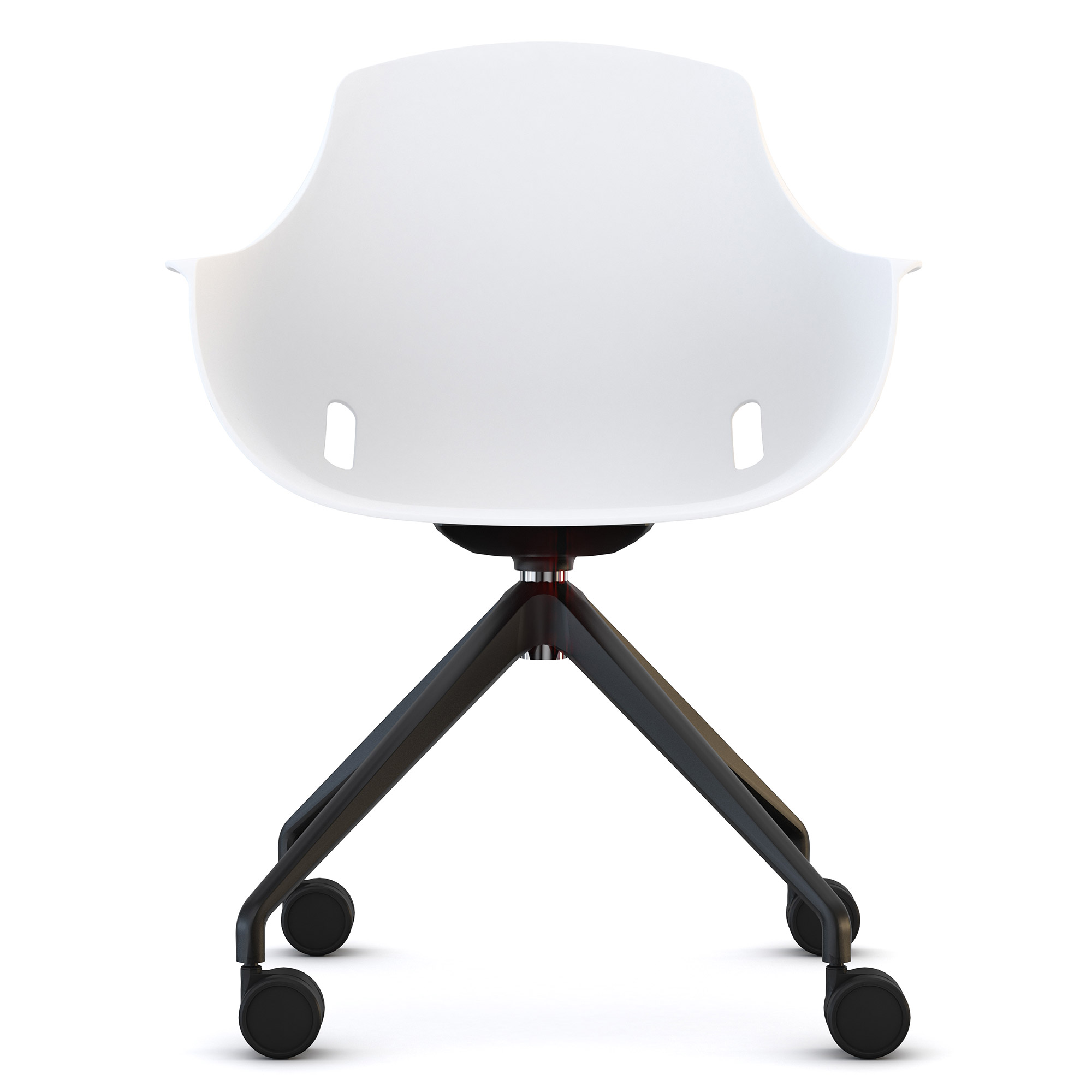 Weißer Bürostuhl mit Armlehnen und schwarzem Drehgestell auf Rollen