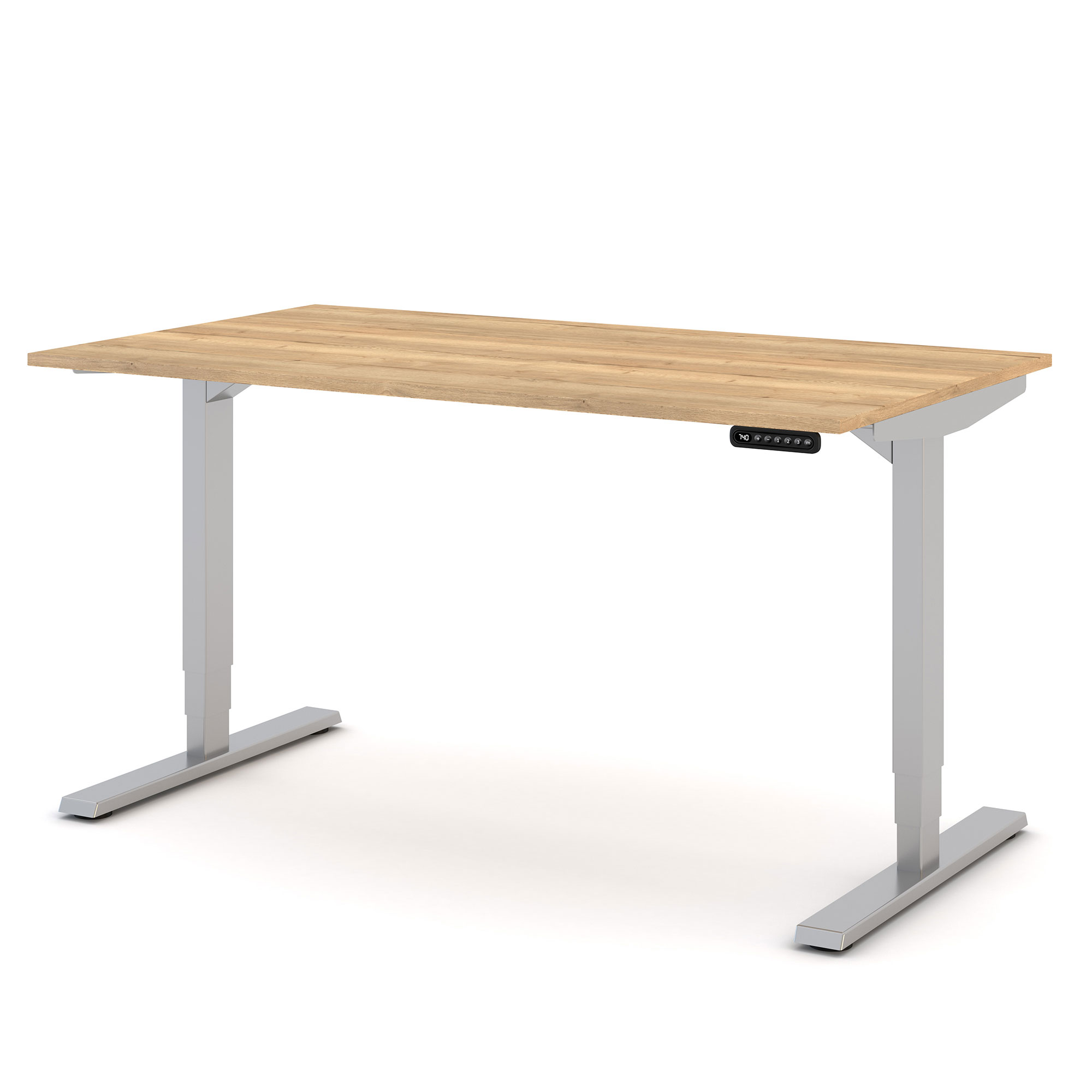 Moderner Schreibtisch mit weißem Gestell und heller Holzplatte, Bedienelement seitlich montiert