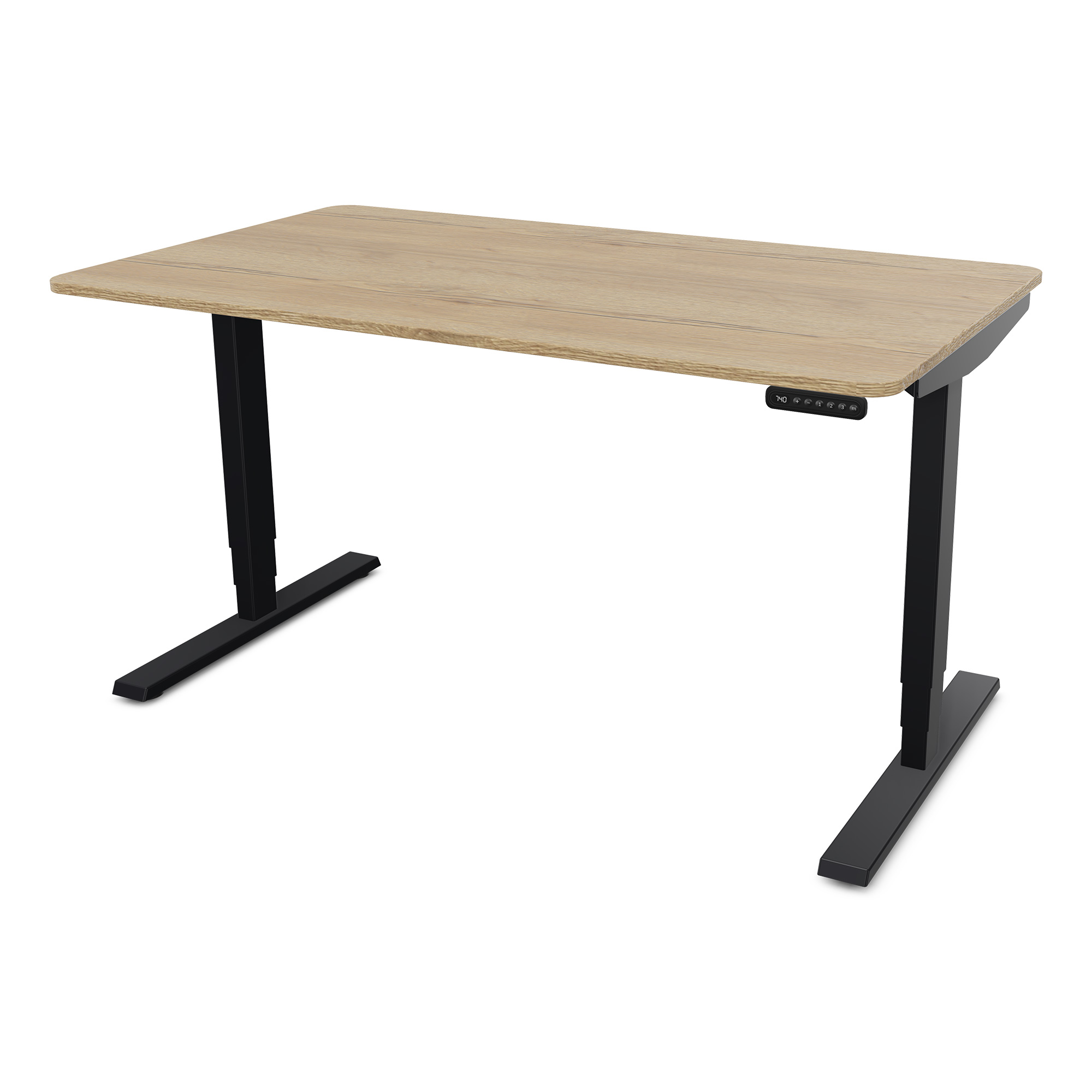 Ein moderner Schreibtisch mit einer Holzplatte und schwarzen Metallbeinen.