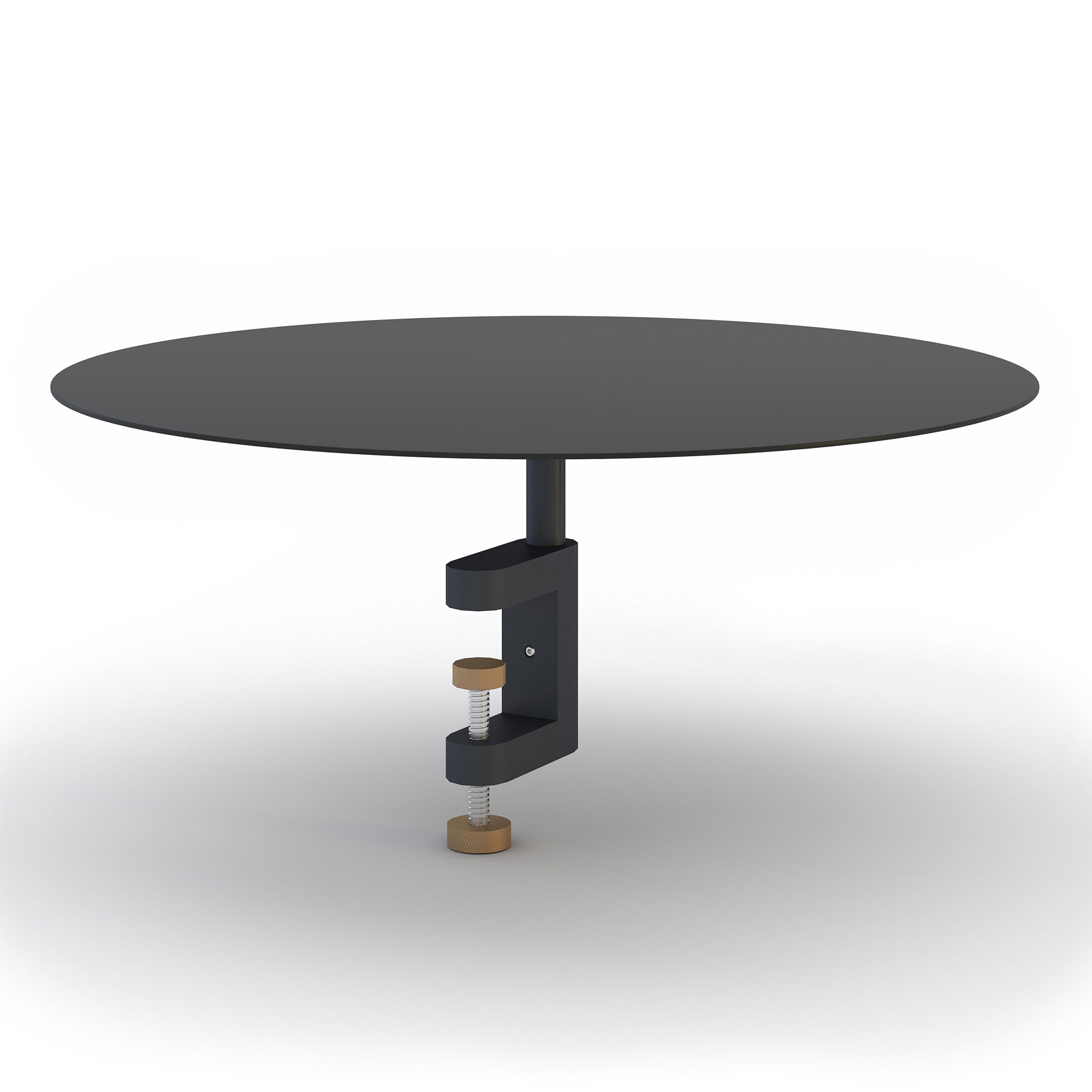 Tischerweiterung Ein runder, schwarzer Tisch mit einer Schraubverbindung.
