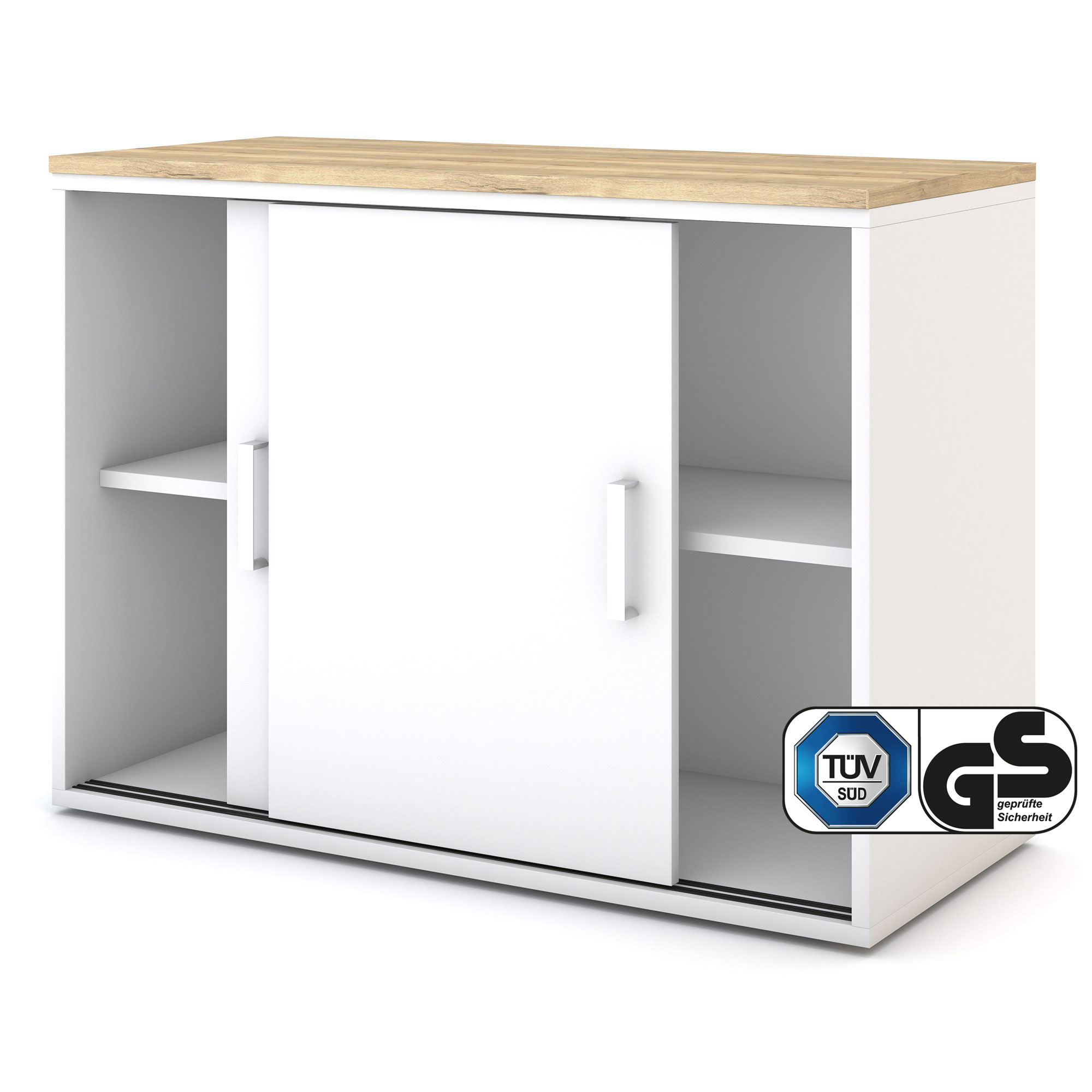 Schiebetürenschrank Allvia Weißer Aktenschrank mit Schiebetüren, Holzplatte und TÜV/GS-Siegel.
