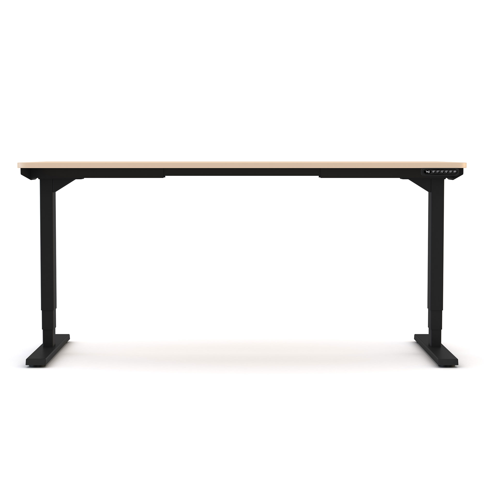 Ein ergonomischer Schreibtisch mit einer Holzoberfläche und schwarzen Metallbeinen.