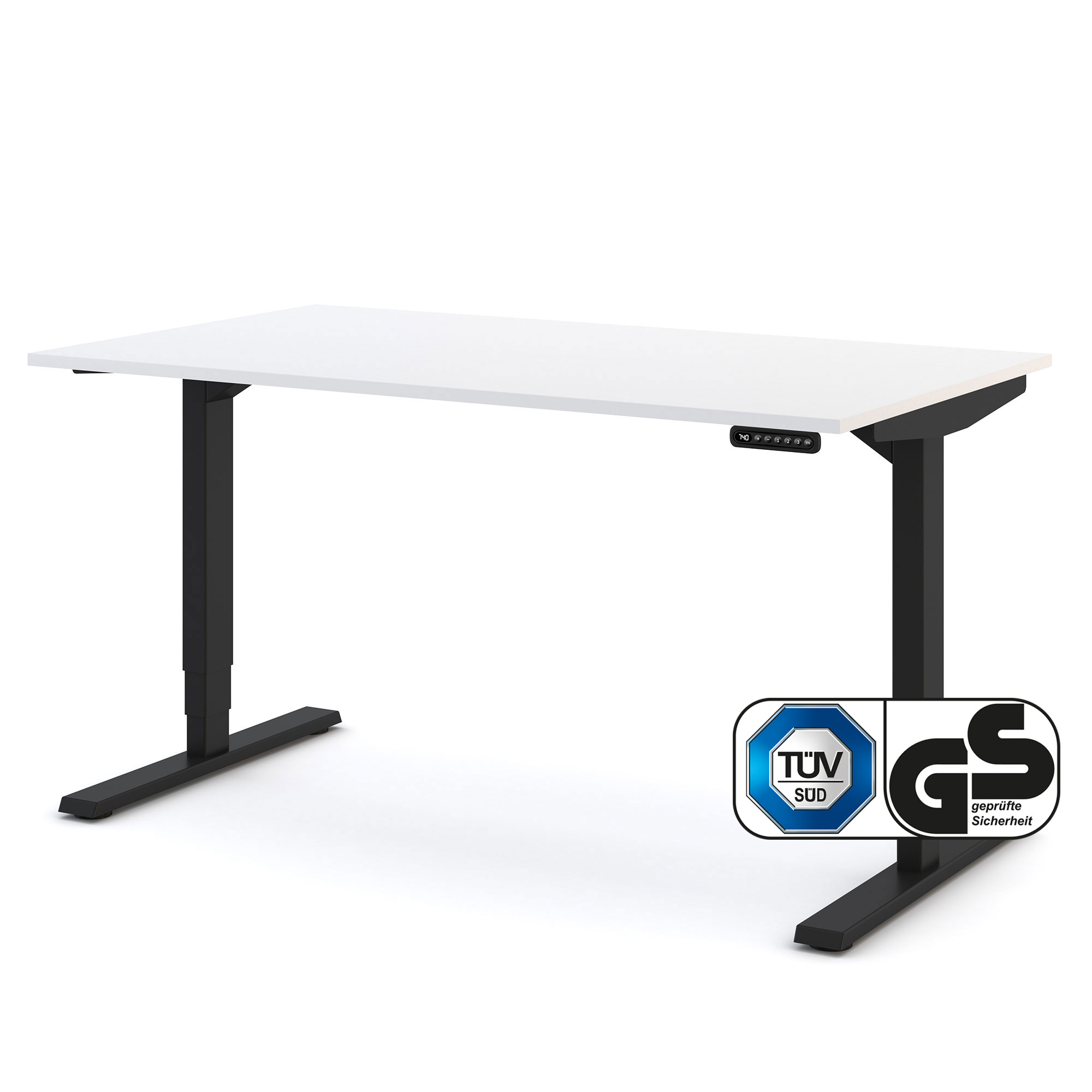 Schreibtisch mit weißer Tischplatte, schwarzem Gestell und TÜV- sowie GS-Zertifikat.