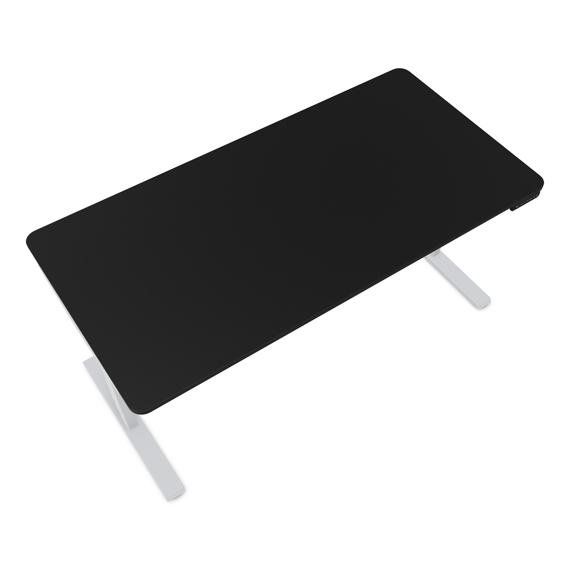 Ein schwarzer Schreibtisch mit einem hellen Gestell und elektrischer Höhenverstellung.