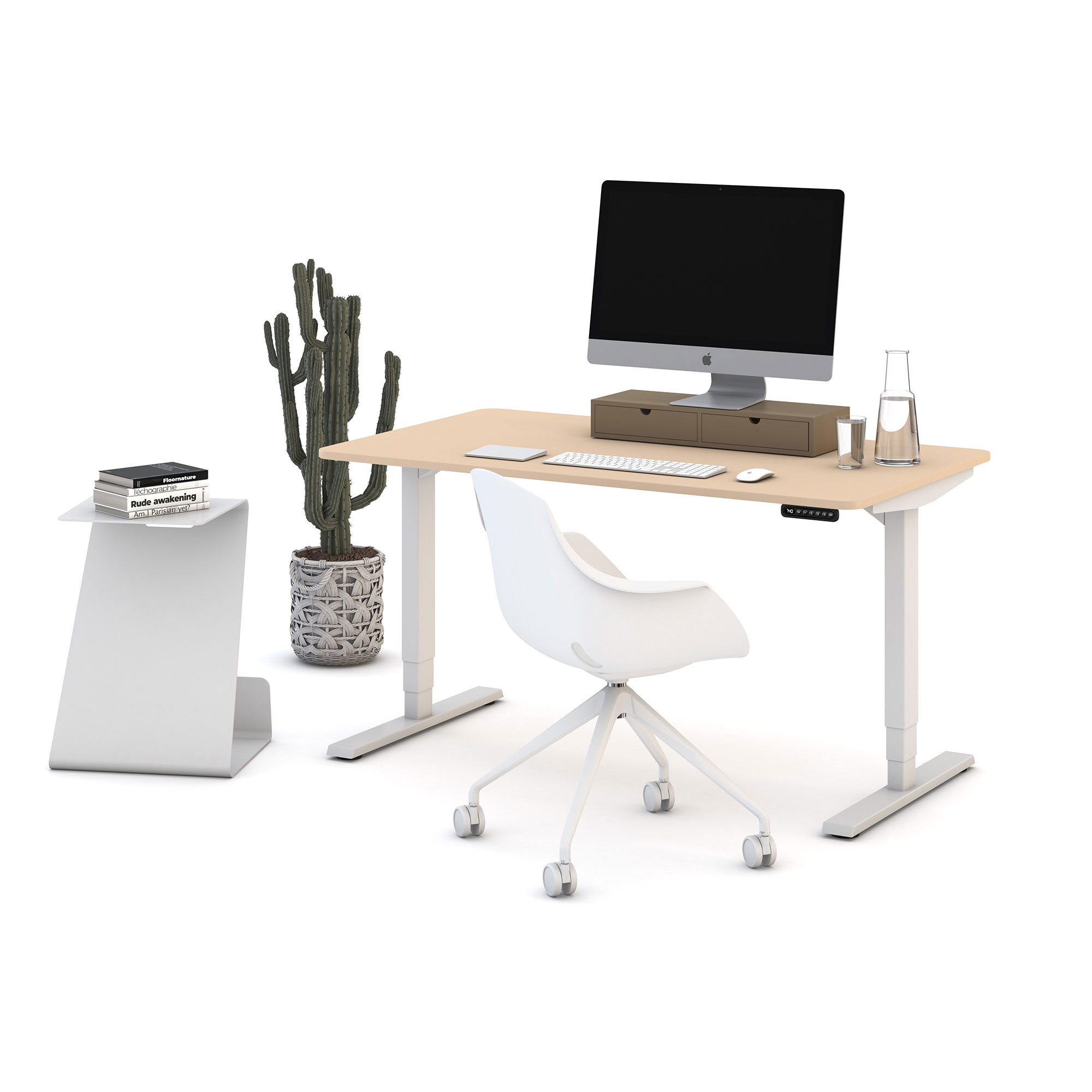Ein moderner Schreibtisch mit einem Computer, einer weißen Bürostuhl, einem Kaktus in einem Topf und einem Beistelltisch mit Büchern.