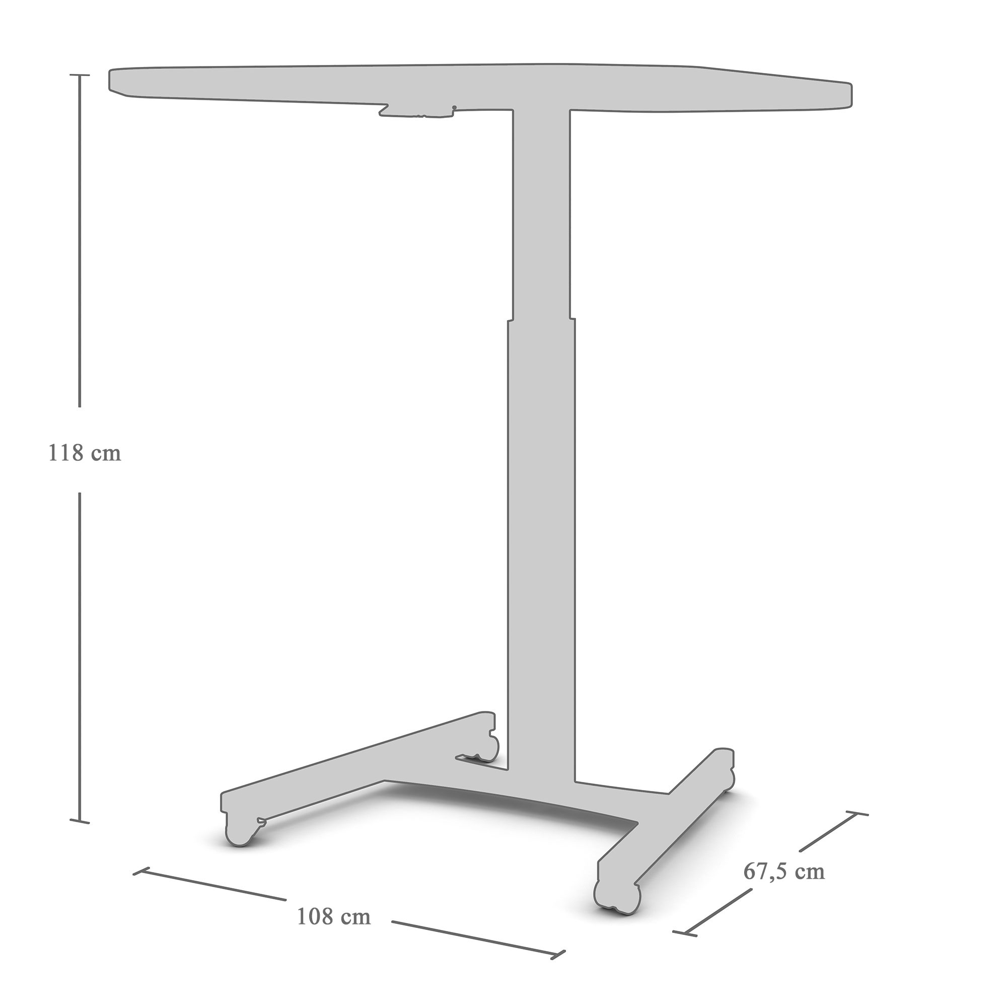 Ein Podesttisch mit den Maßen 118 cm Höhe, 108 cm Durchmesser und 67,5 cm Standbreite.