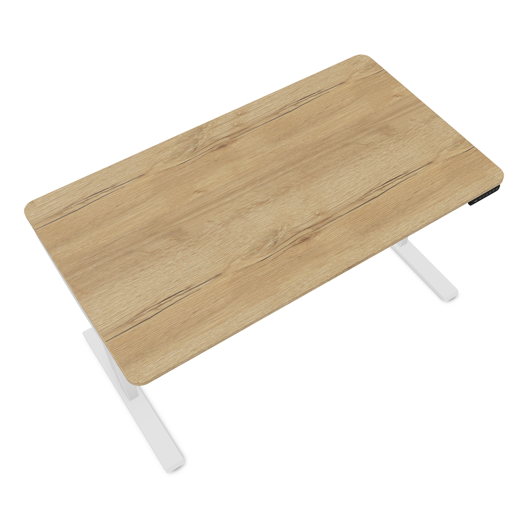 Ein höhenverstellbarer Tisch mit einer Holzplatte und weißen Beinen.