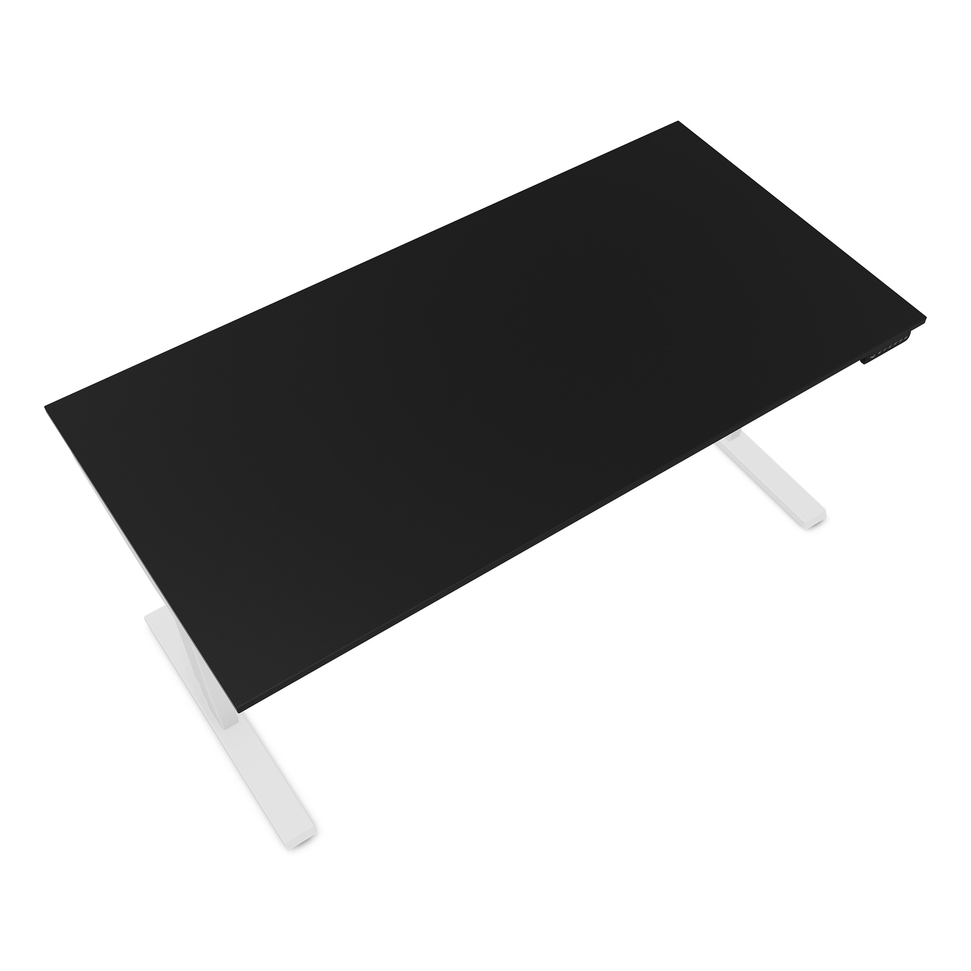 Ein höhenverstellbarer Schreibtisch mit schwarzer Tischplatte und weißen Beinen.