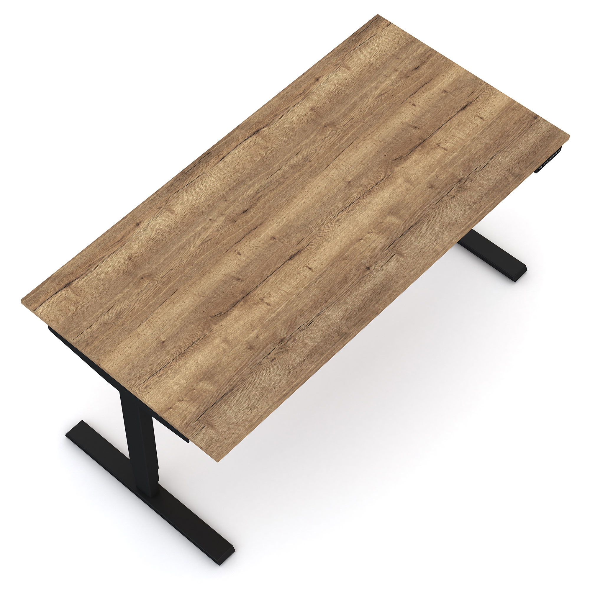 Ein Holzschreibtisch mit schwarzem Gestell.