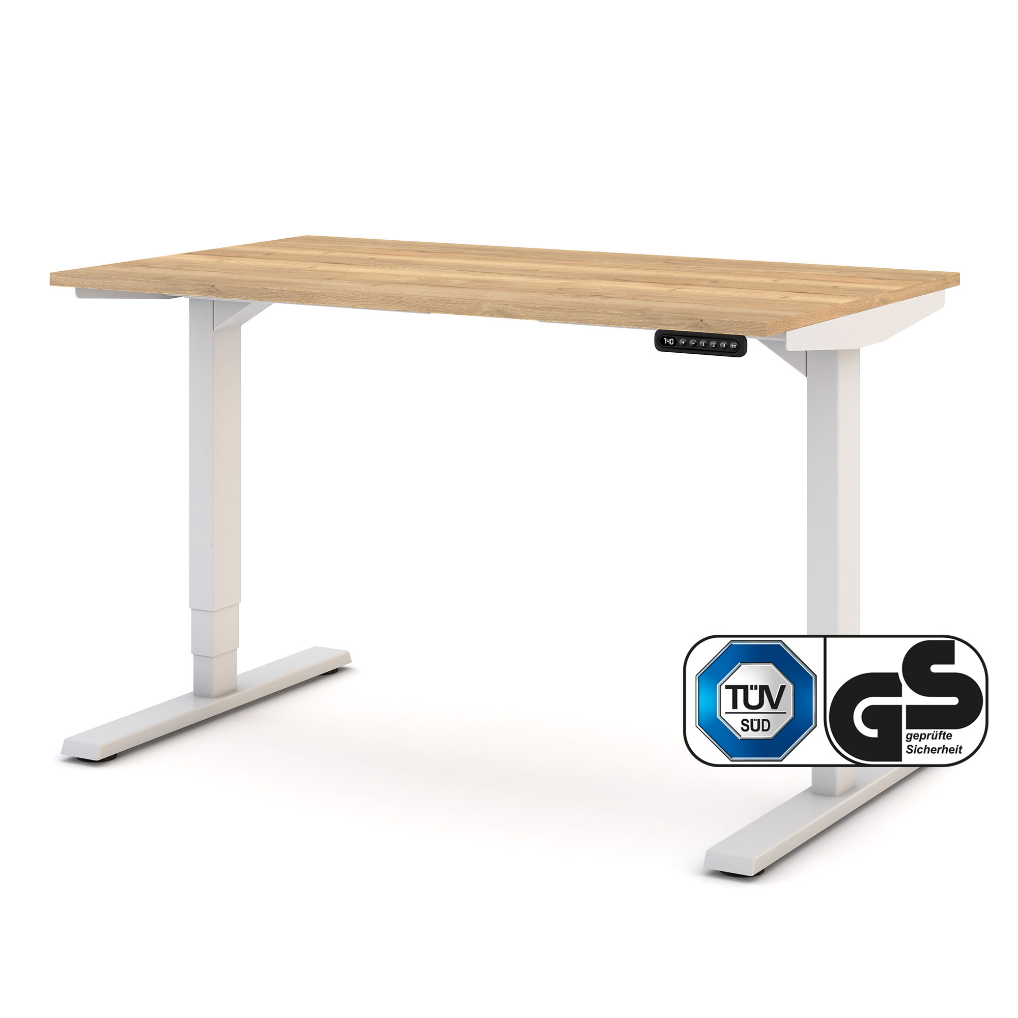 Elektrisch höhenverstellbarer Schreibtisch mit Eiche-Dekor und weißem Gestell – GS- und TÜV-zertifiziert für ergonomisches Arbeiten im Home-Office oder Büro