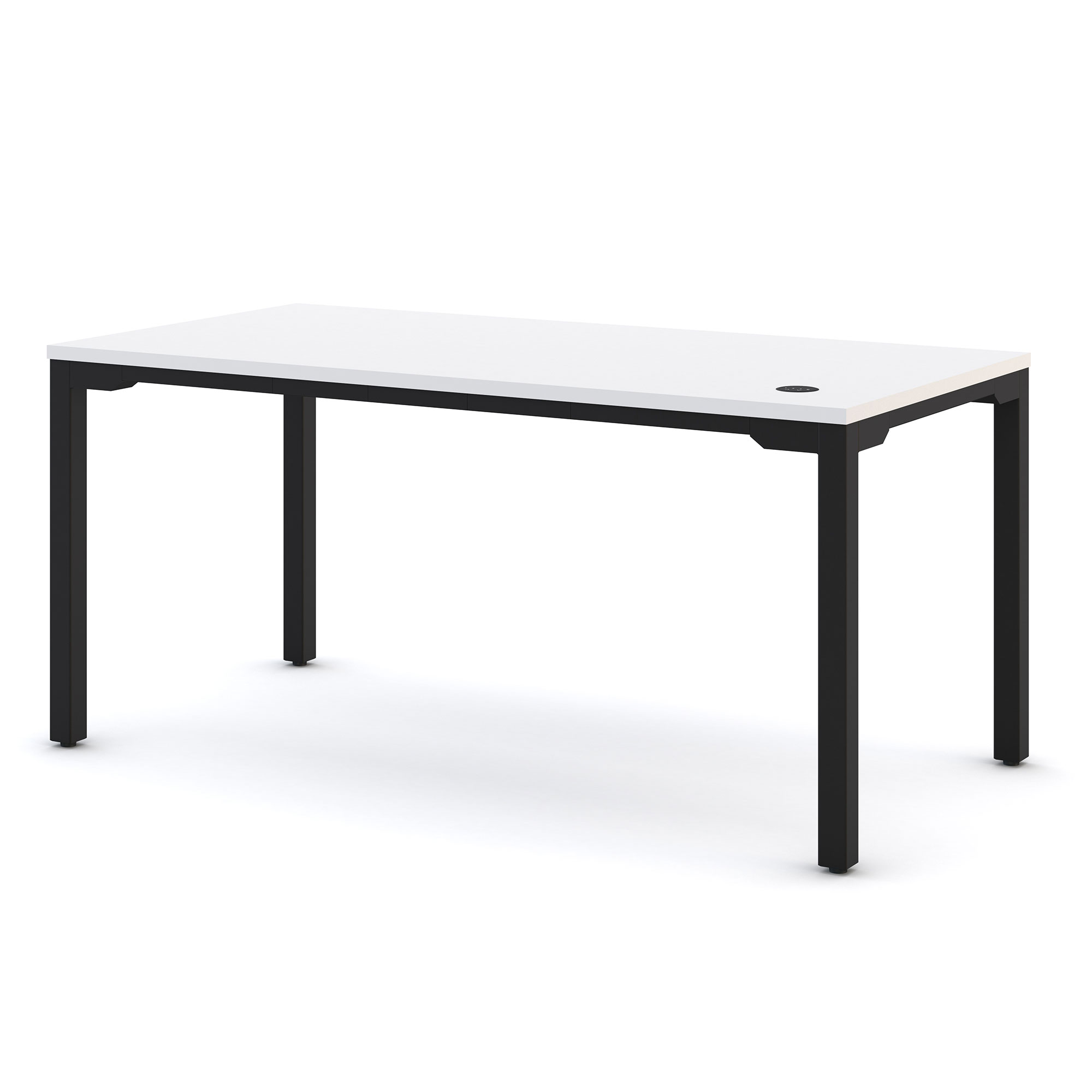 Moderner Schreibtisch mit schwarzem Metallgestell, weißer Tischplatte und Kabeldurchlass.