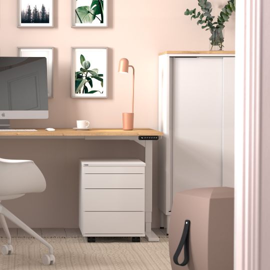 Ein moderner Arbeitsbereich mit einem Schreibtisch, einem Computer, einer Lampe, einem Stuhl, einem kleinen weißen Rollcontainer und Pflanzenbildern an der Wand.