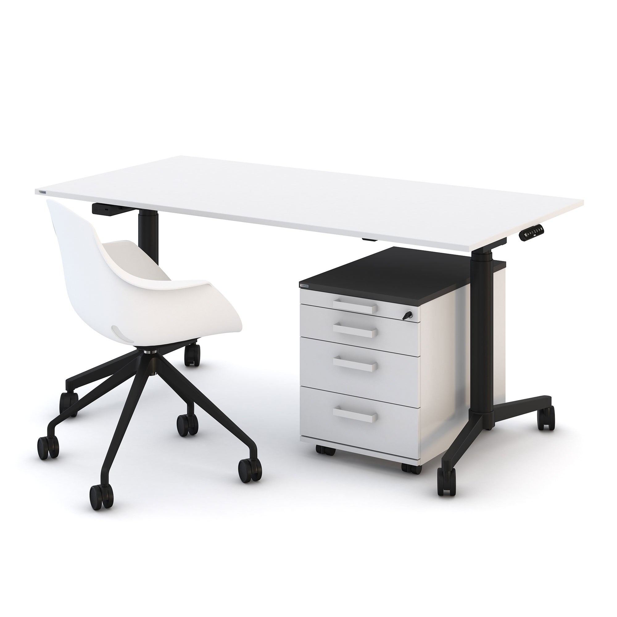 Ein weißer Schreibtisch mit einem schwarzen Rollcontainer und einem weißen Bürostuhl.