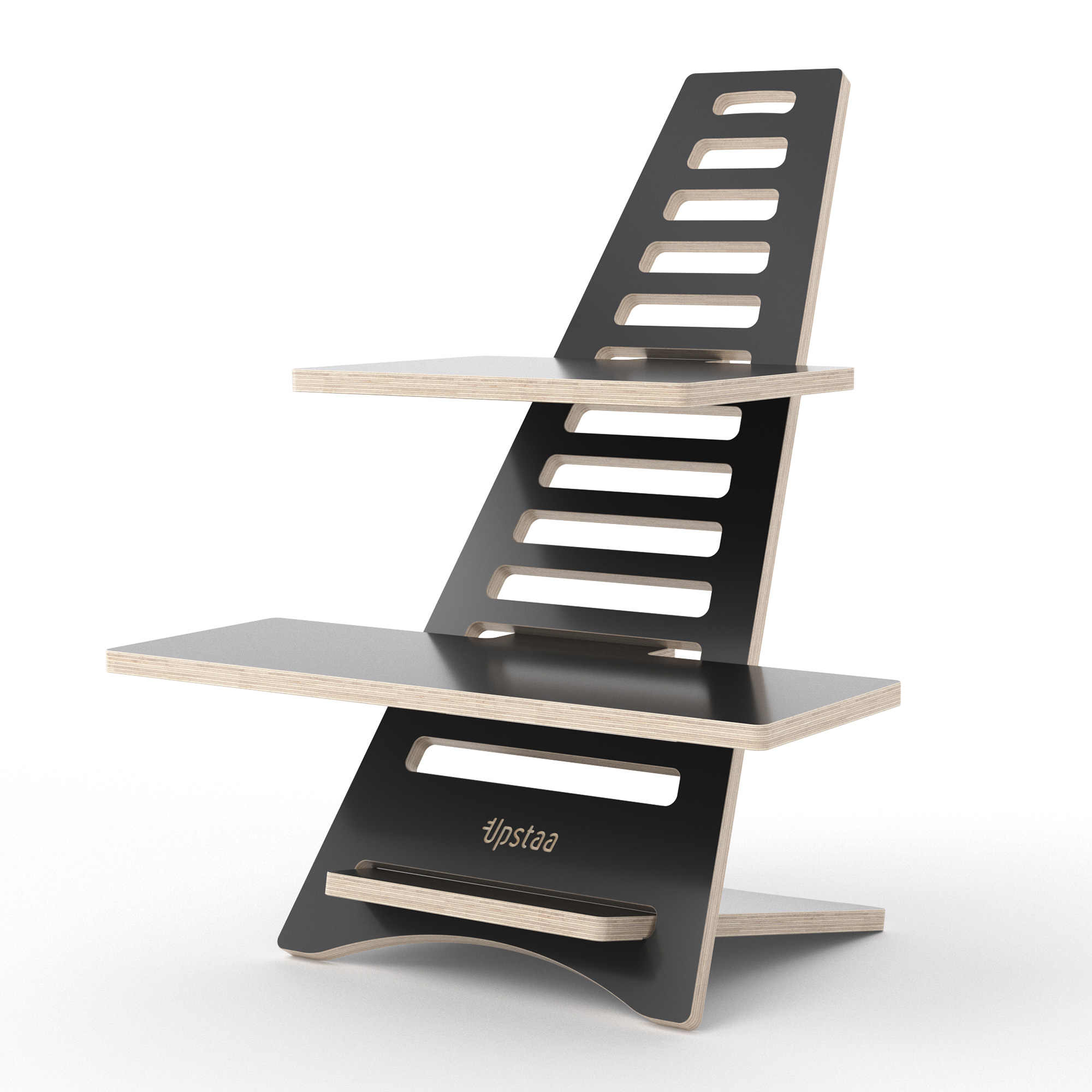 Schreibtischaufsatz Höhenverstellbarer Schreibtischaufsatz aus Holz in Schwarz von Upstaa – ergonomisches Stehpult mit zwei Ablageflächen für Monitor und Tastatur