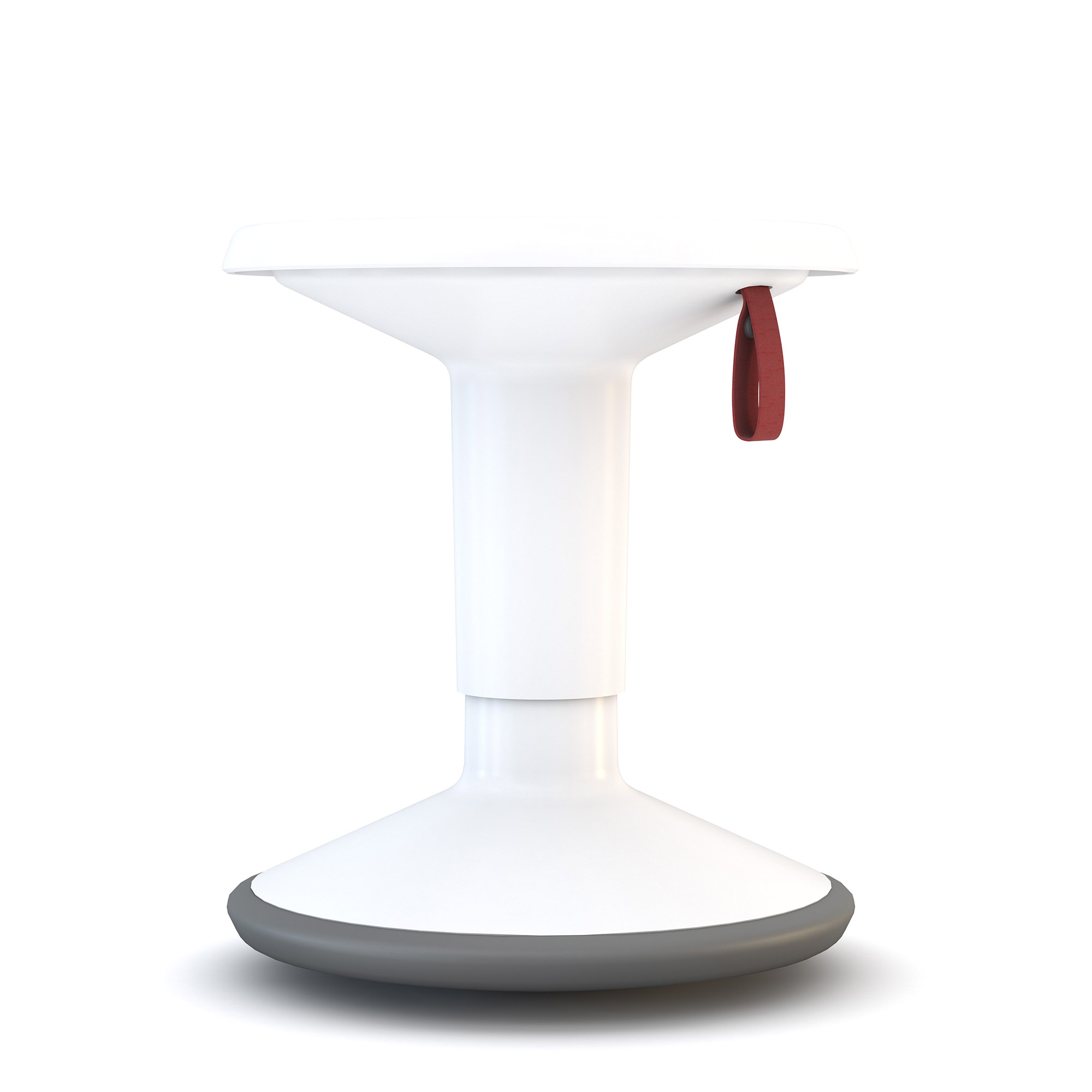 Moderner weißer Hocker mit runder grauer Basis und rotem Griff an der Seite