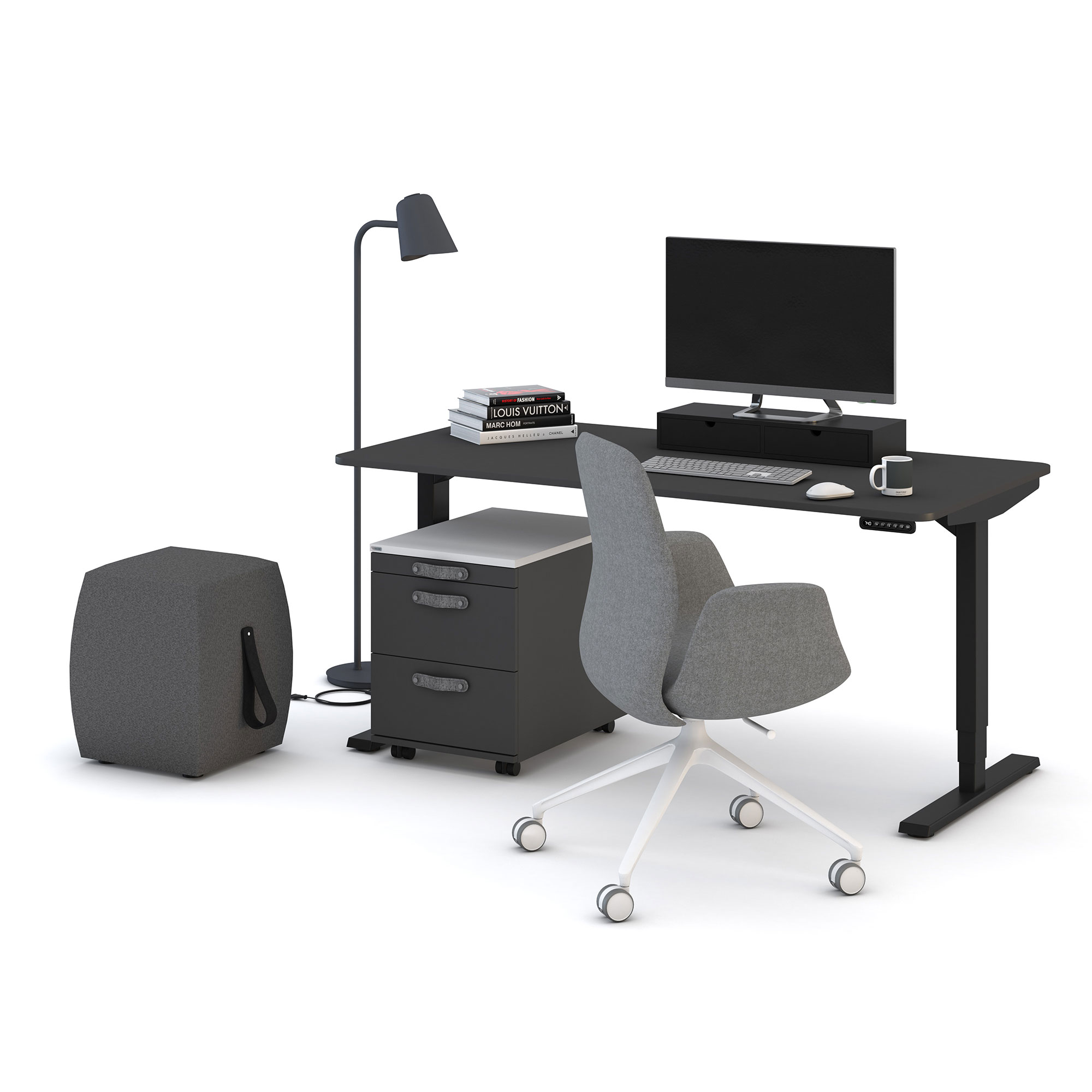 Schwarzer Schreibtisch mit grauem Drehstuhl Monitor und Rollcontainer in modernem Setup