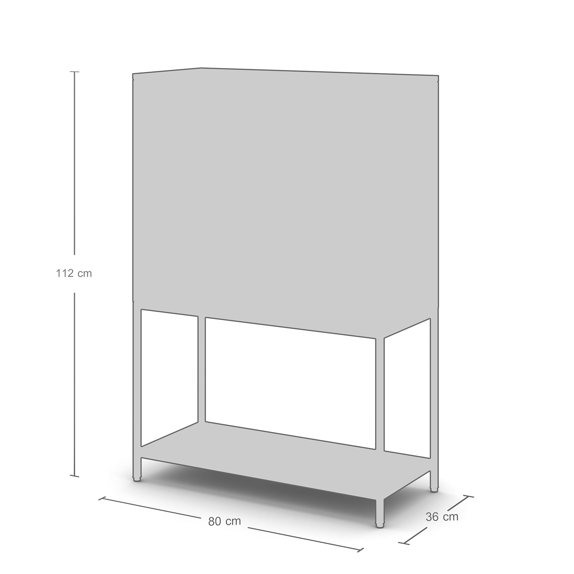 Grafische Darstellung eines Schranks mit den Maßen 112 cm hoch, 80 cm breit und 36 cm tief