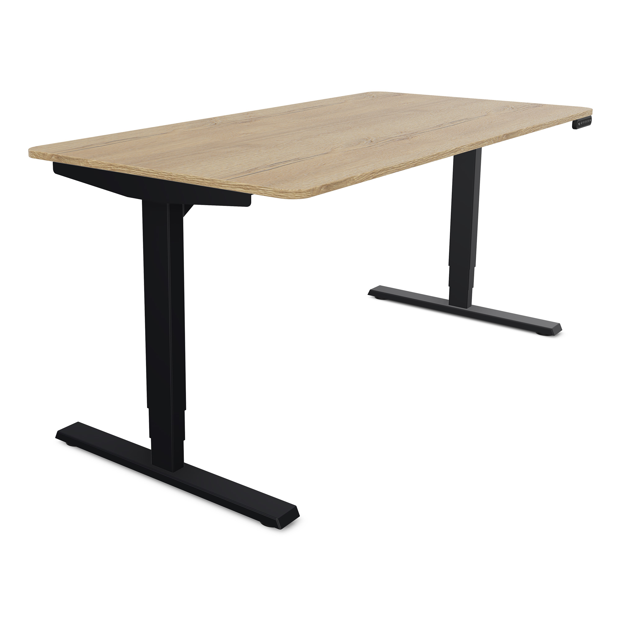 Ein moderner Schreibtisch mit einer Holzplatte und schwarzen Metallbeinen.