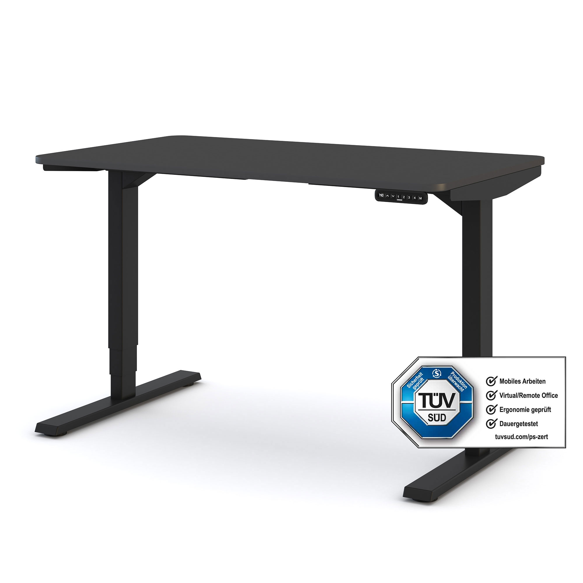 Elektrisch höhenverstellbarer Schreibtisch in Schwarz mit TÜV-Siegel für ergonomisches Arbeiten