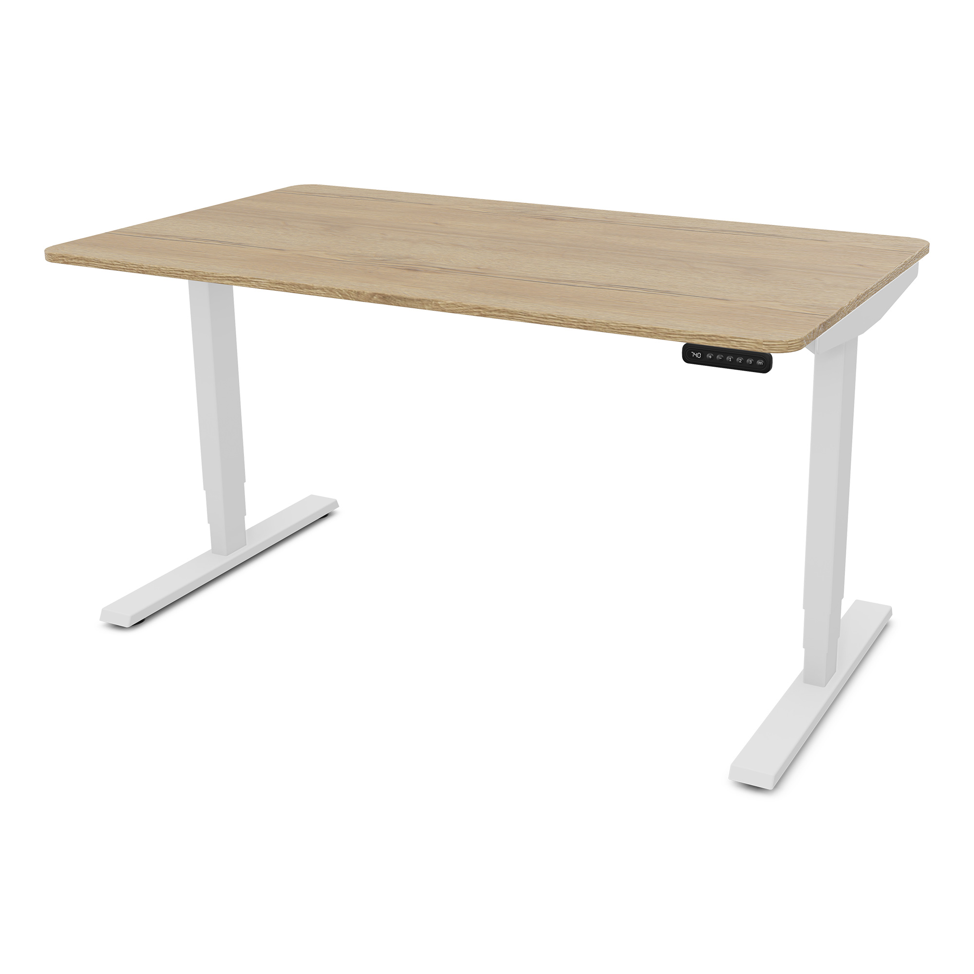 Ein höhenverstellbarer Tisch mit einer Holzplatte und weißen Beinen.