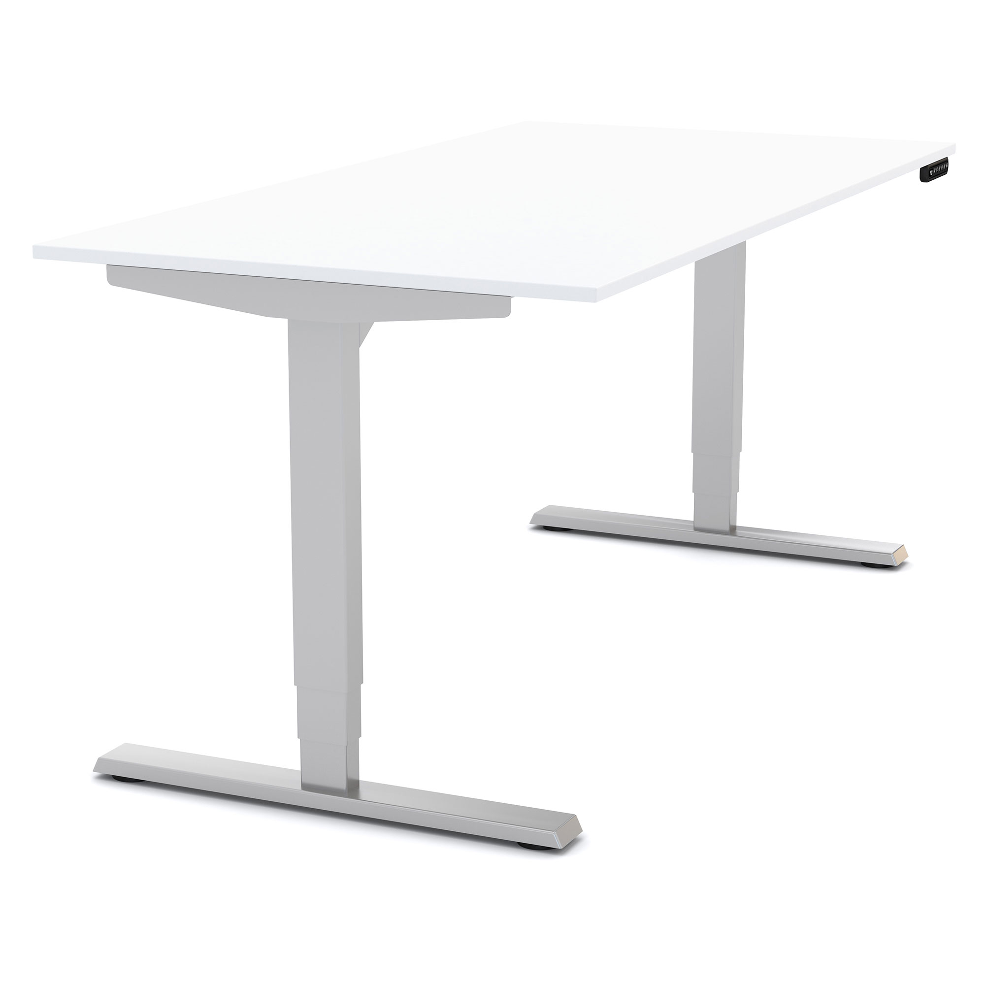 Höhenverstellbarer Schreibtisch mit weißer Tischplatte und silbernem Gestell.