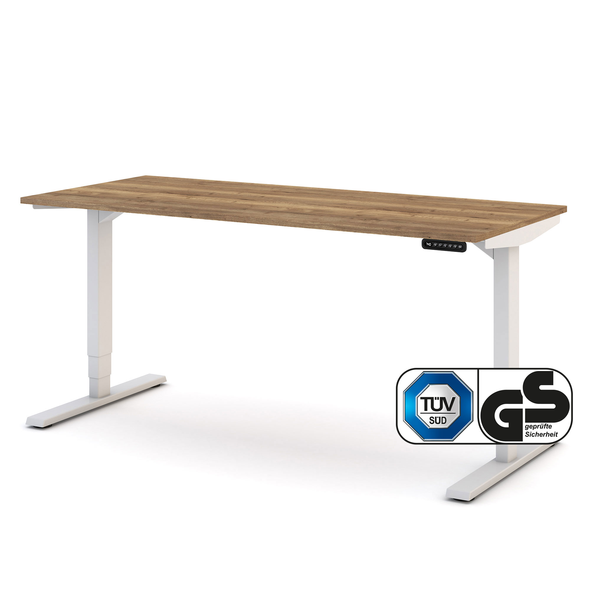 Höhenverstellbarer Schreibtisch mit Holzplatte, weißem Gestell und TÜV-Zertifikat.