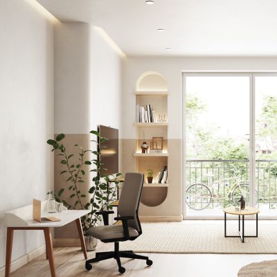 Integriertes Homeoffice Homeoffice mit weißem Schreibtisch, grauem Bürostuhl und dekorativem Regal neben Balkonfenster.