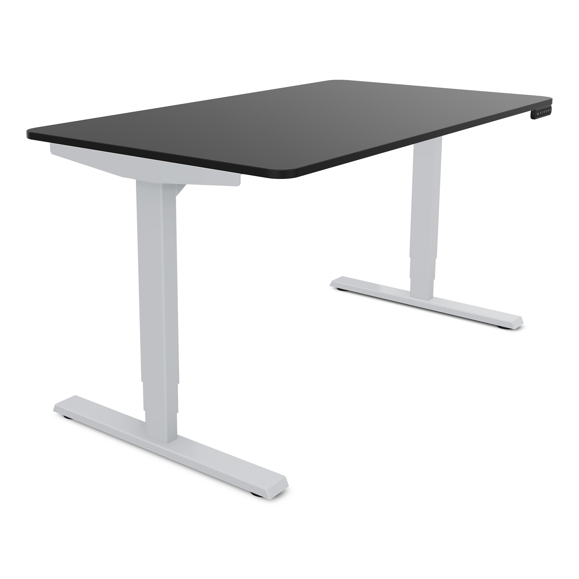 Ein schwarzer Schreibtisch mit einem hellen Gestell und elektrischer Höhenverstellung.