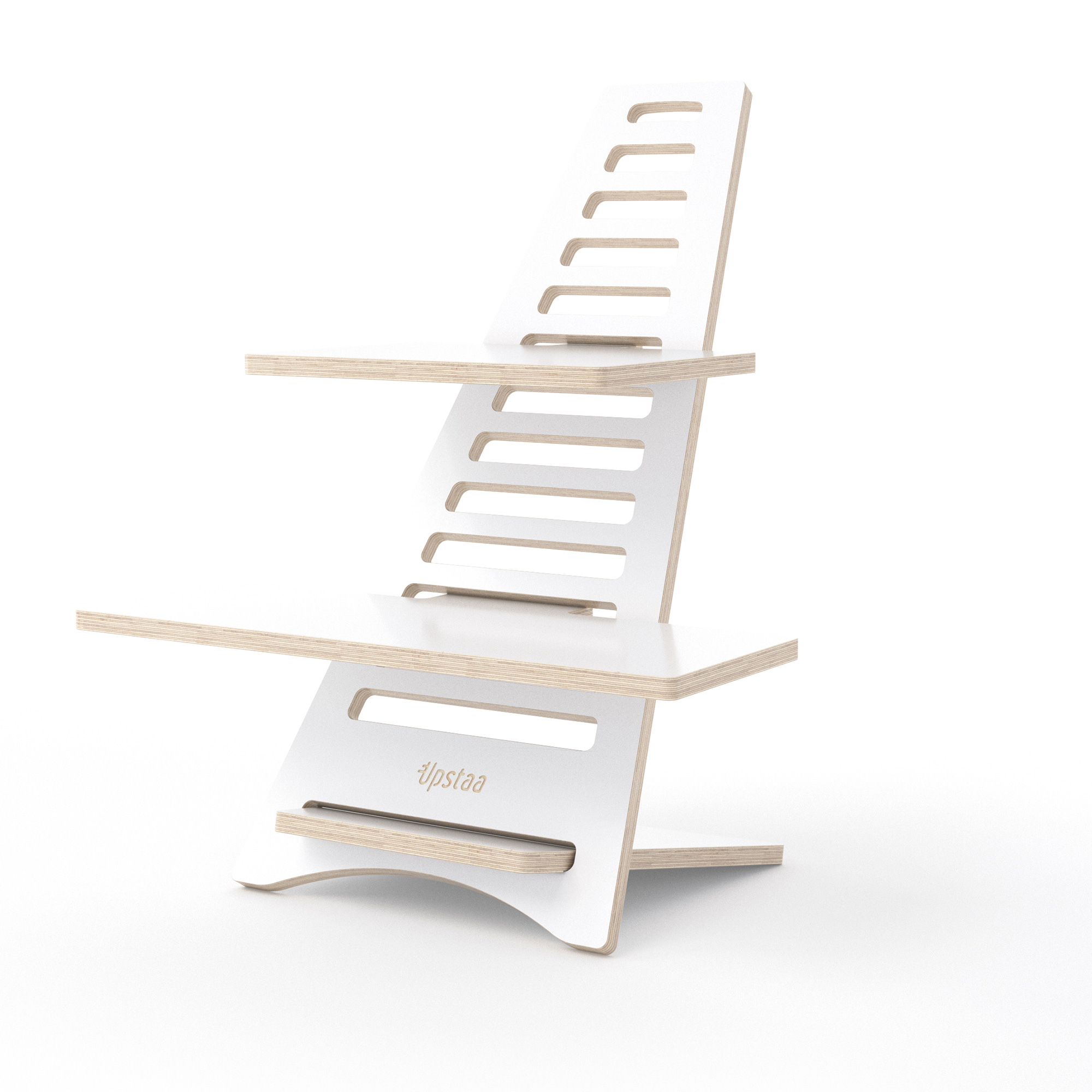 Schreibtischaufsatz Höhenverstellbarer Schreibtischaufsatz aus Holz in Weiß von Upstaa – ergonomisches Stehpult mit zwei Ablageflächen für Monitor und Tastatur