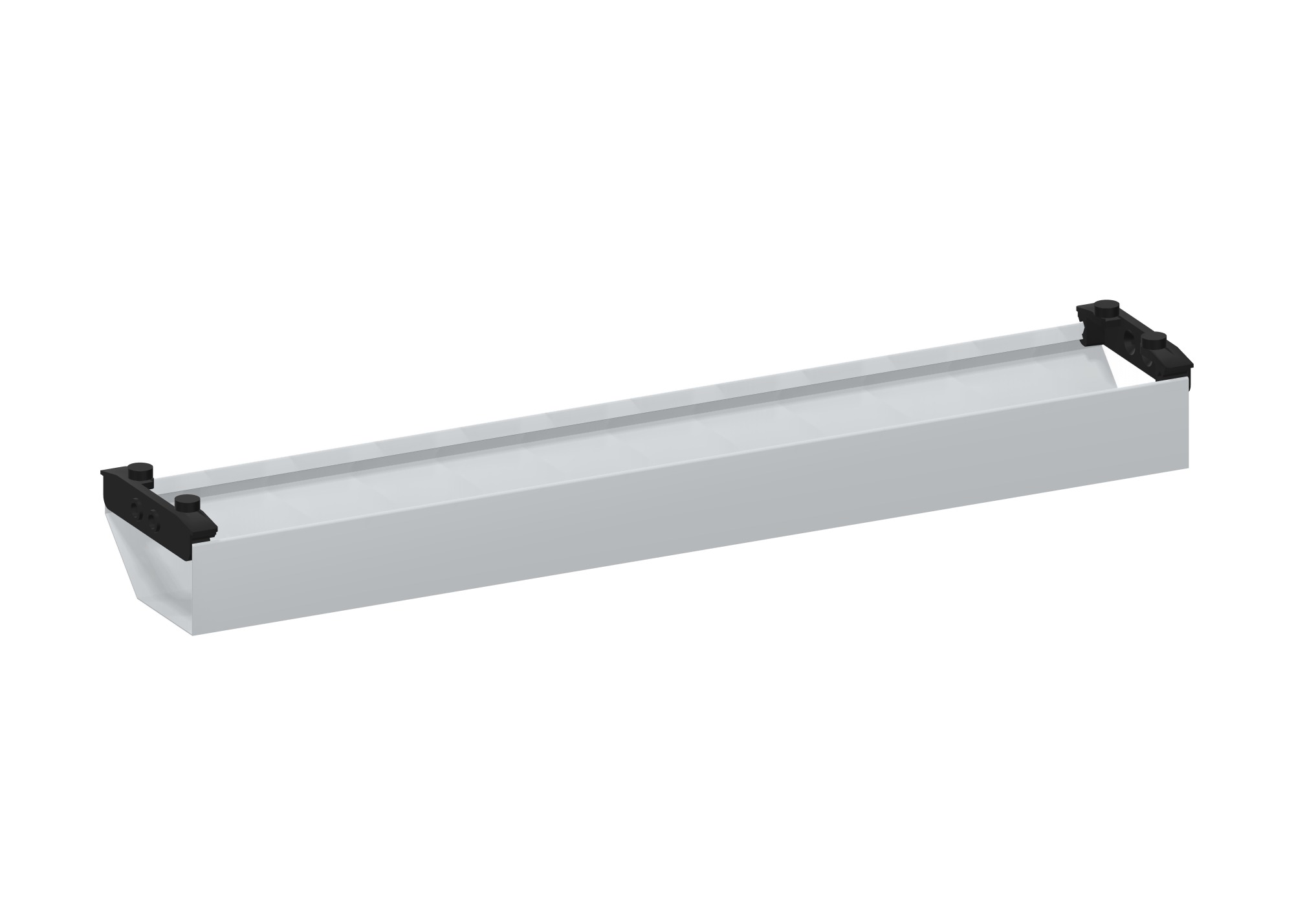 Ein rechteckiger silbergrauer Kabelkanal mit schwarzen Eckklammern, schräg betrachtet auf einem schlichten weißen Hintergrund.