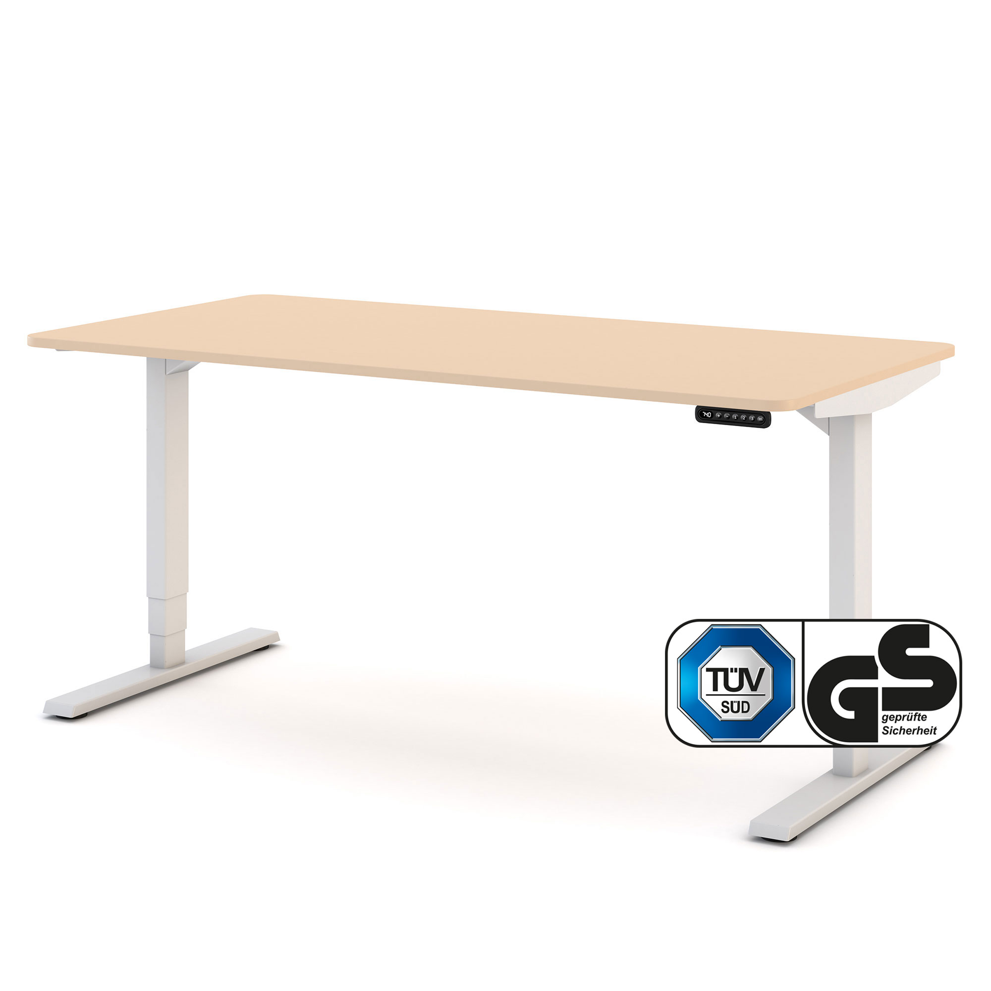 Elektrisch höhenverstellbarer Schreibtisch Y-Line Curved 140x80cm Elektrisch höhenverstellbarer Schreibtisch mit beiger Tischplatte und weißem Gestell – TÜV- und GS-zertifiziert für ergonomisches Arbeiten im Büro oder Home-Office