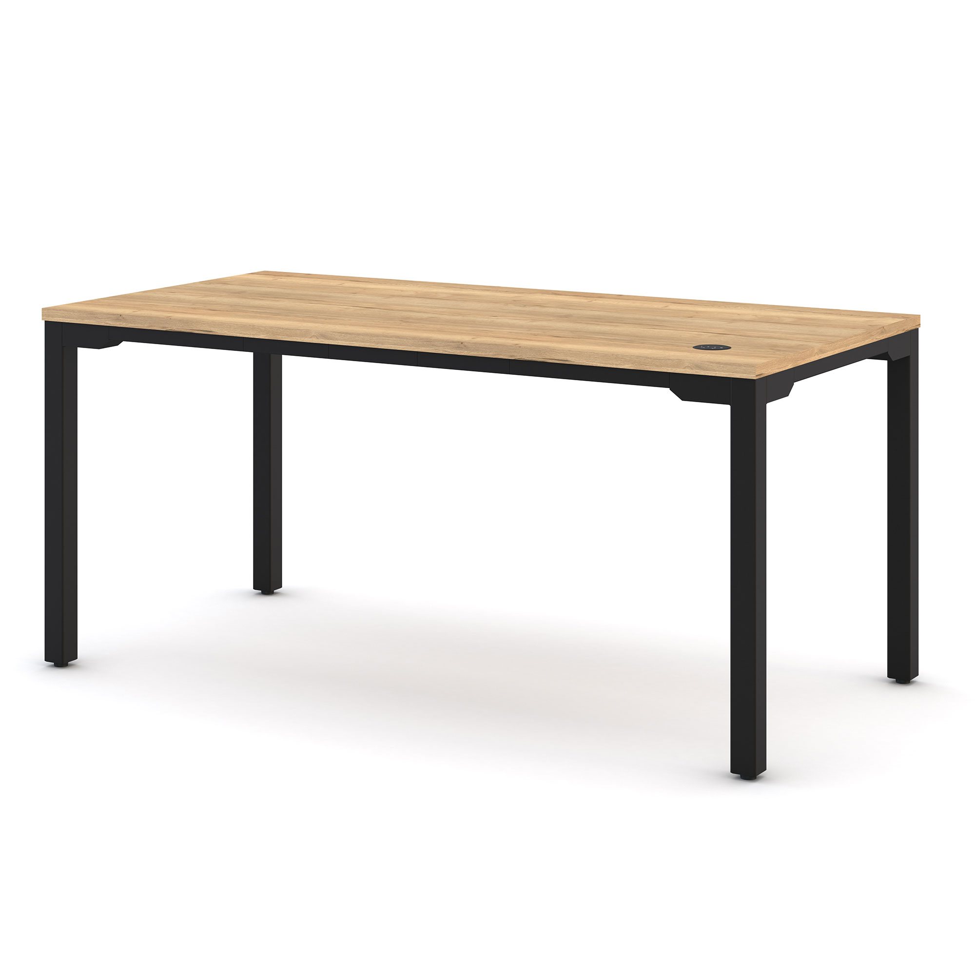 Schreibtisch mit Holzplatte und schwarzem Metallgestell in moderner Optik.