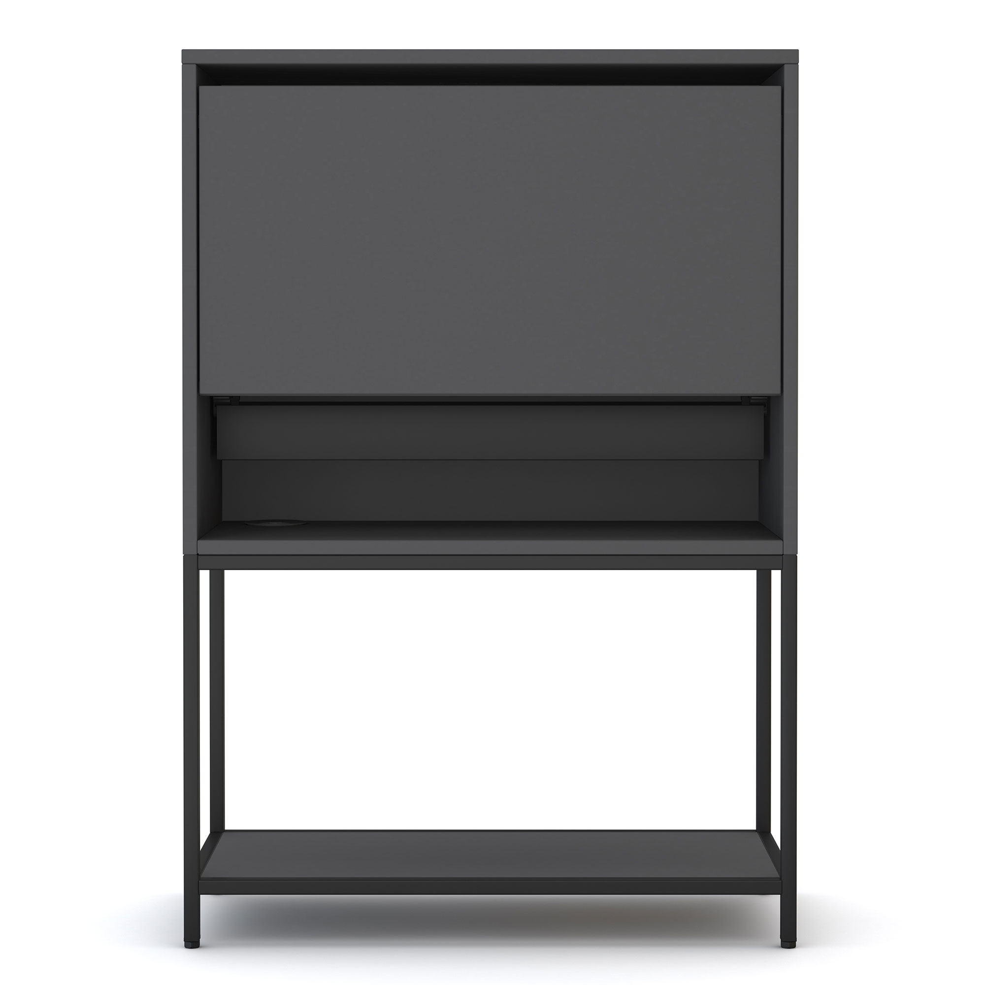 Ein schwarzes Möbelstück mit einem hochklappbaren Deckel und einem offenen Regal darunter.