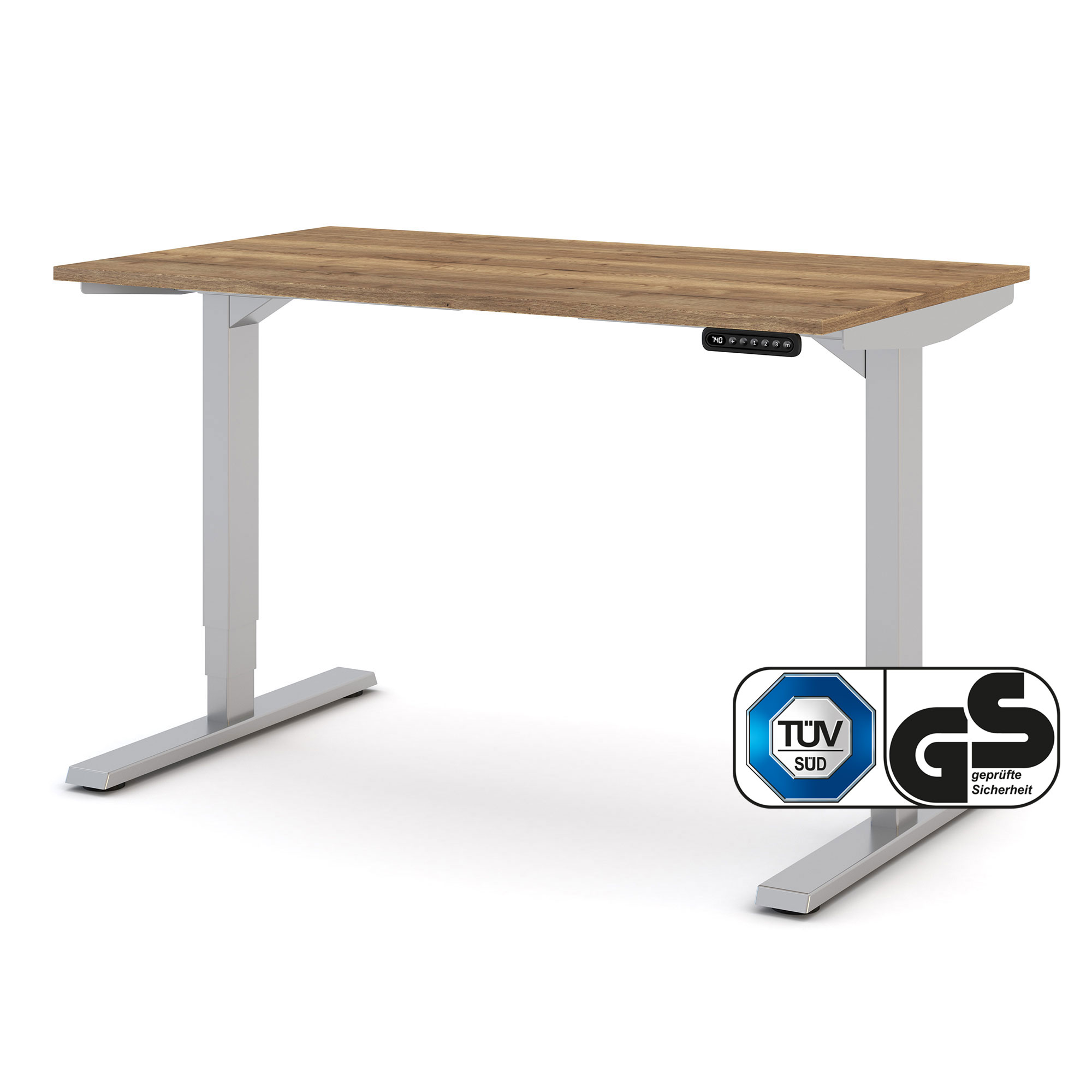 Elektrisch höhenverstellbarer Schreibtisch Y-Line Elektrisch höhenverstellbarer Schreibtisch mit rustikaler Eichenplatte und silbernem Gestell – ergonomisches, TÜV- und GS-zertifiziertes Modell für modernes Arbeiten