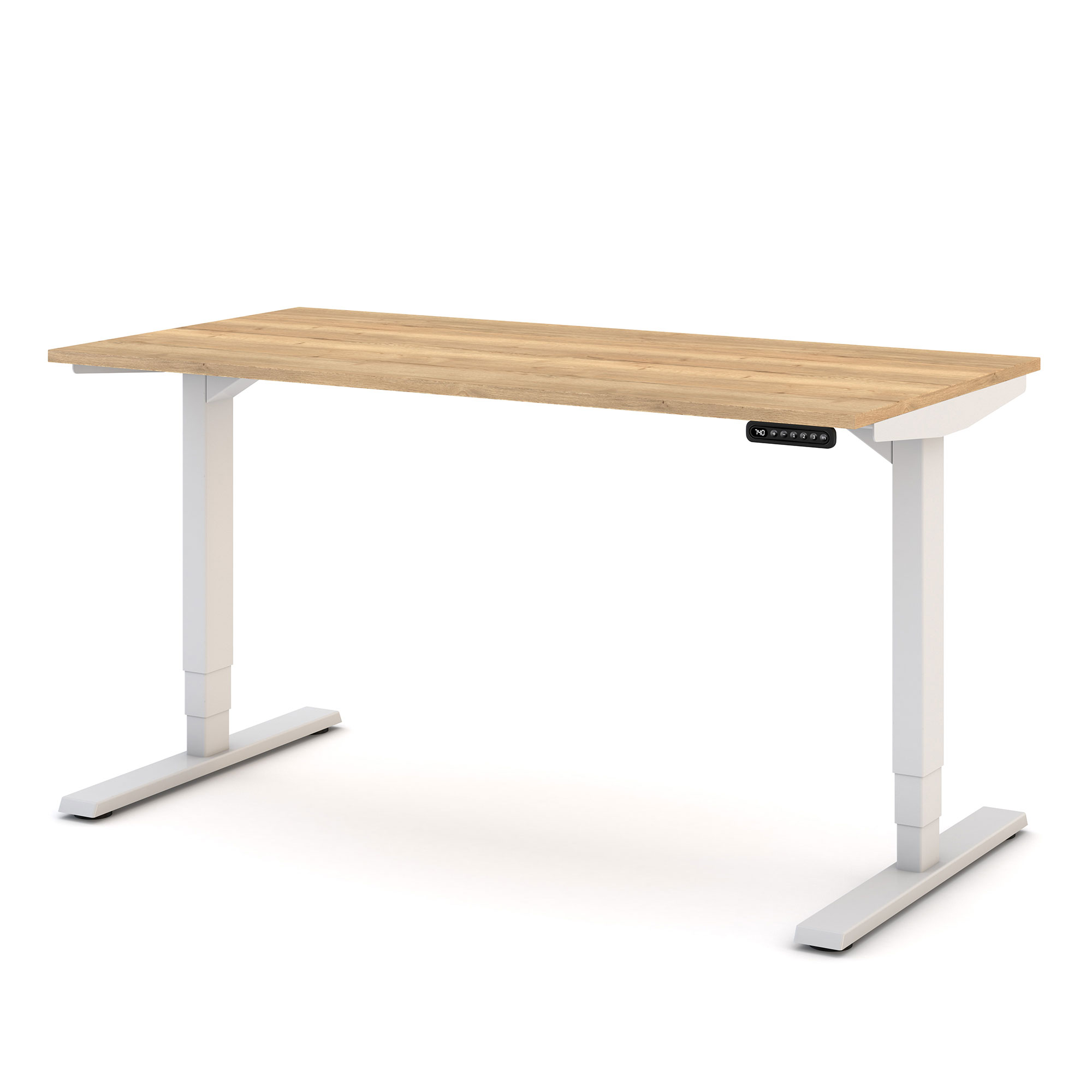 Ein höhenverstellbarer Schreibtisch mit einer Holzoberfläche und weißen Metallbeinen.