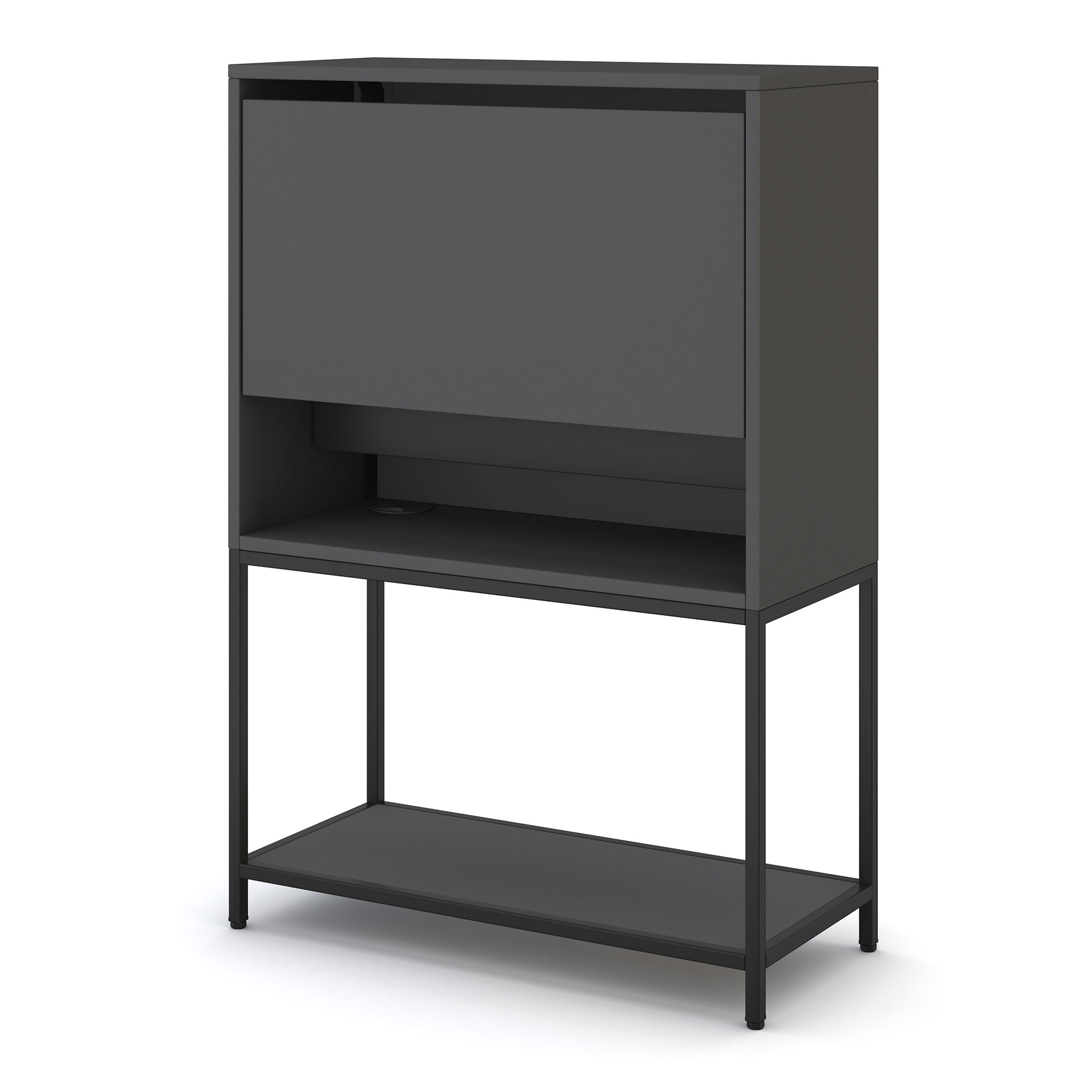 Schwarzes Sideboard mit offener Ablagefläche und Klappe im oberen Bereich