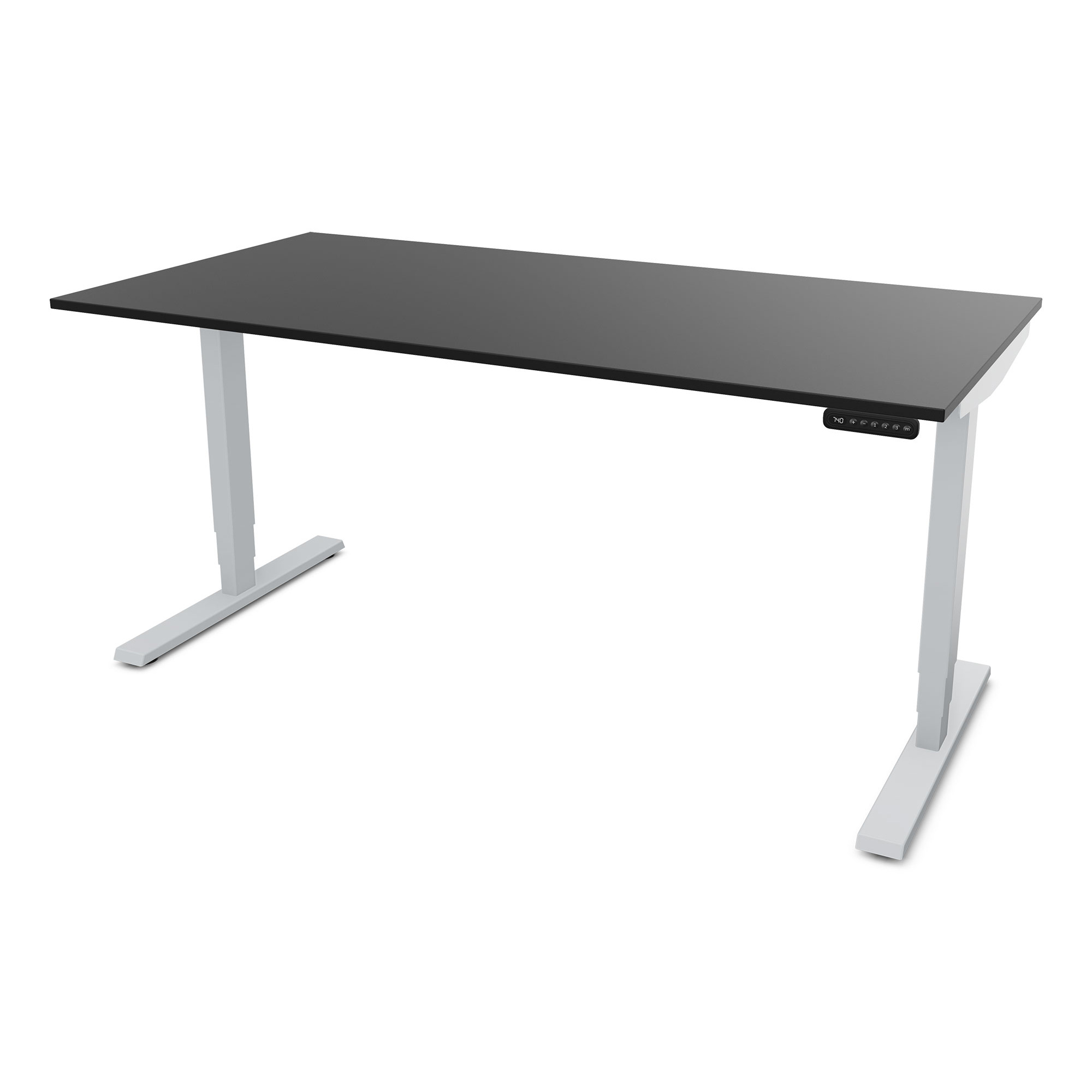 Elektrisch höhenverstellbarer Schreibtisch Y-Line Schreibtisch mit schwarzer Oberfläche und weißen Beinen.