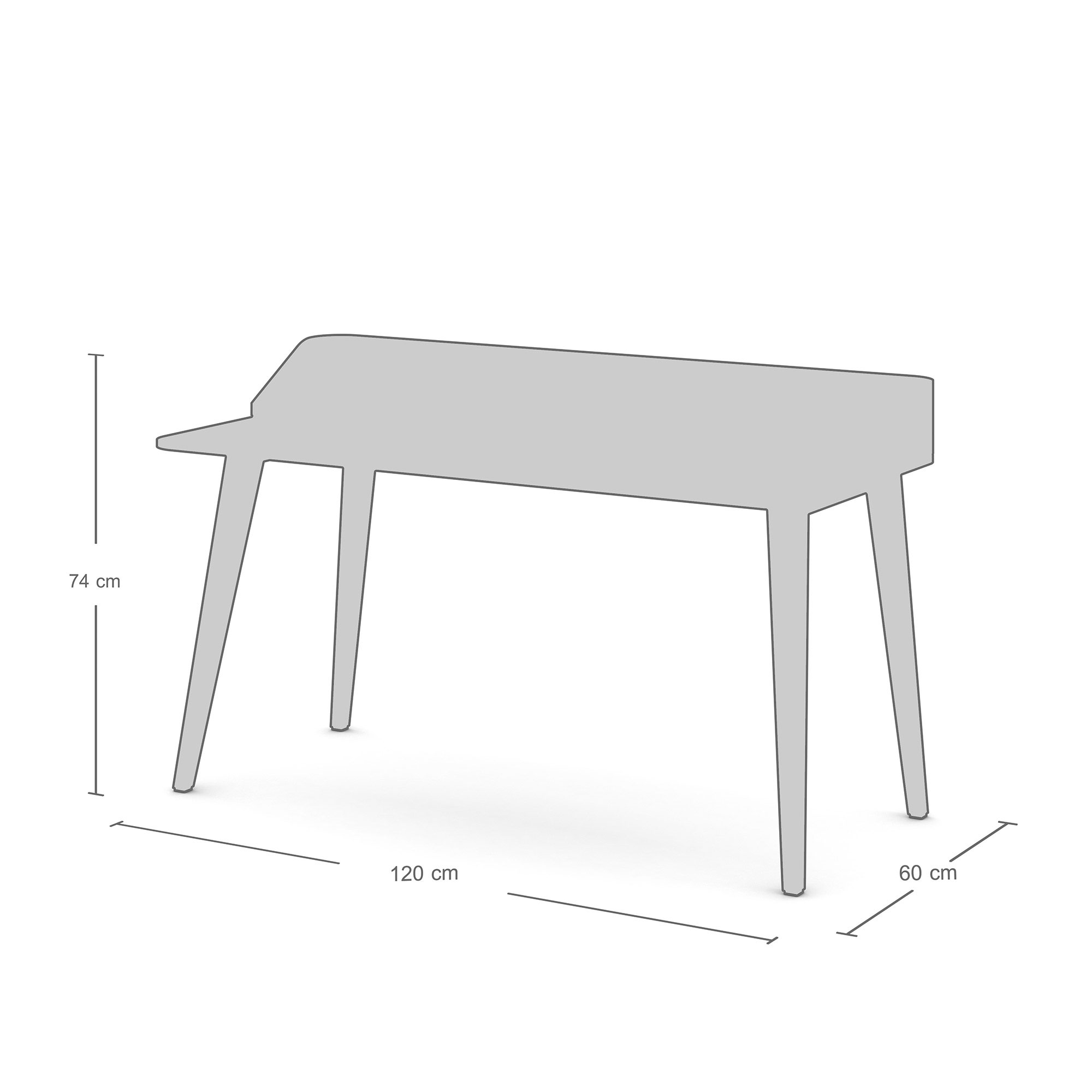 Grafische Skizze eines Schreibtisches mit Abmessungen 120 x 60 x 74 cm.